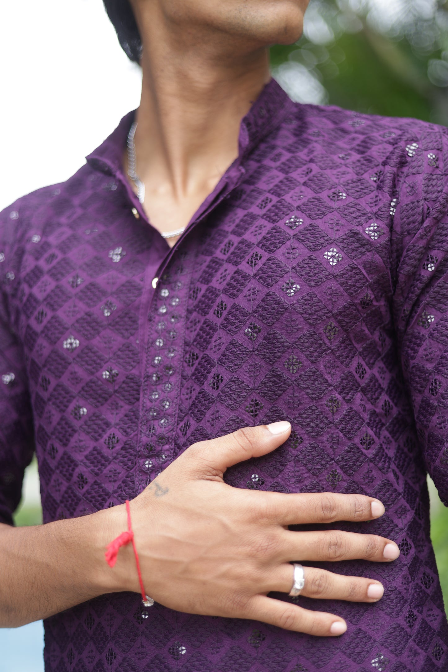 Men purple or wine color Kurta with sequin, full length, button closure, one fourth placket, full sleeves, mandarin collar, side pockets, traditional ethnic wear for festivals, family occasions, wedding, house warming, casual wear