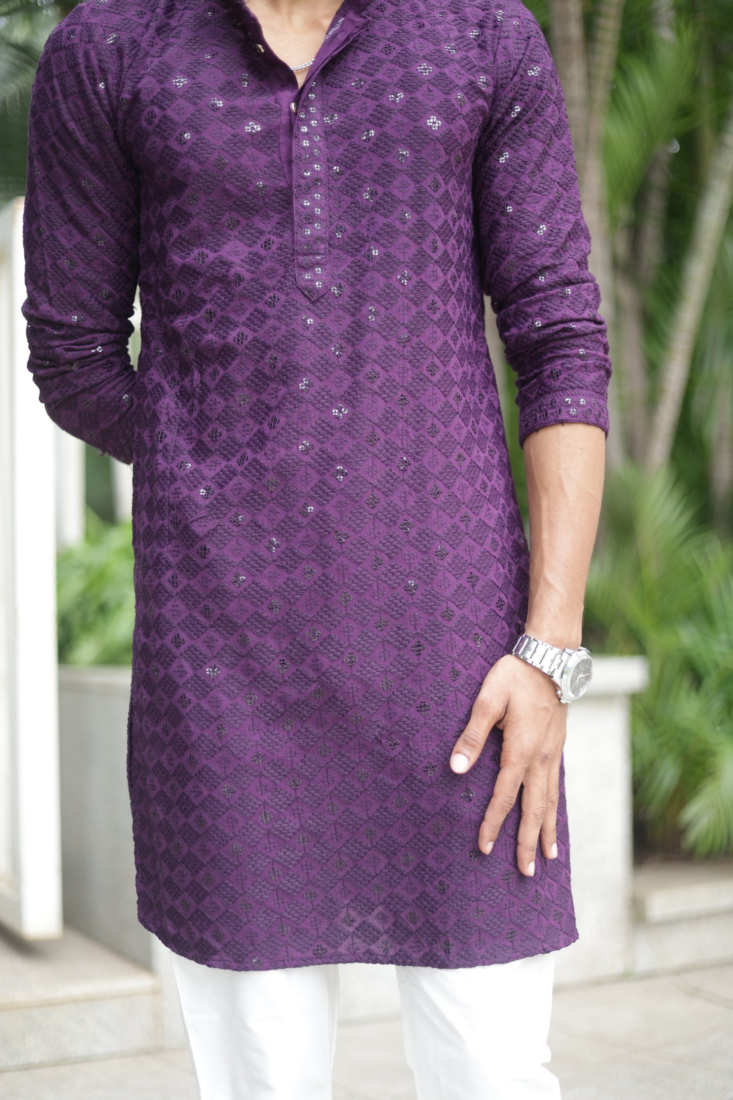 Men purple or wine color Kurta with sequin, full length, button closure, one fourth placket, full sleeves, mandarin collar, side pockets, traditional ethnic wear for festivals, family occasions, wedding, house warming, casual wear