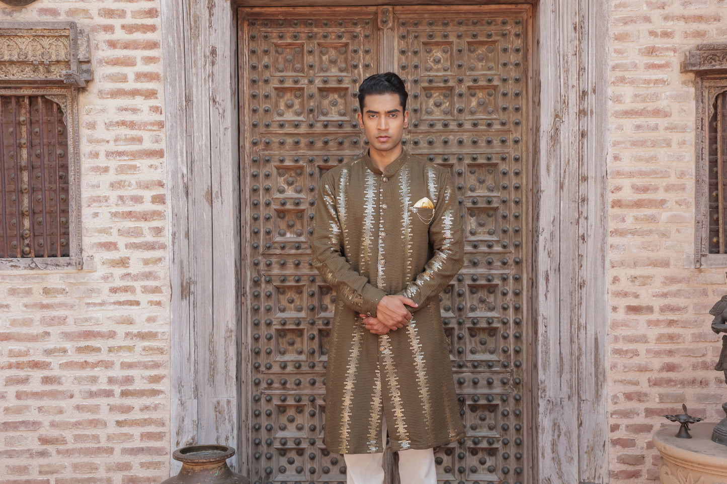 Men's henna or green kurta with golden embroidered in front paired with white churidar, mandarin collar, side pockets, full sleeves - premium Indian formal wear for weddings and special occasion