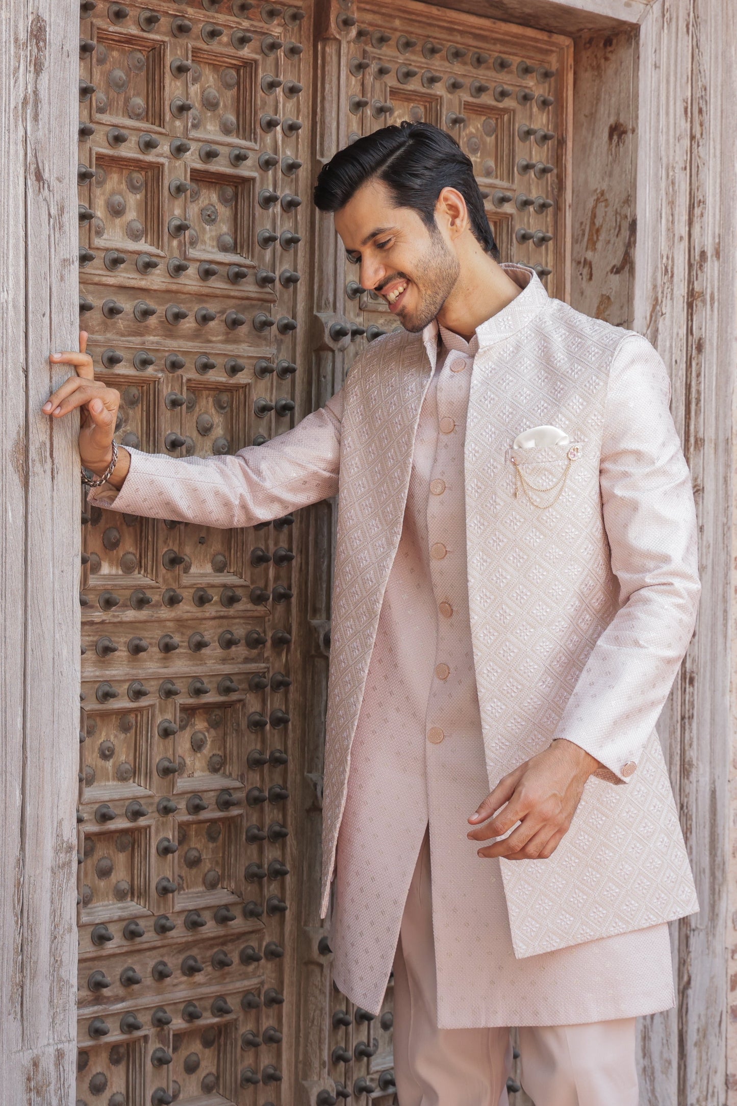 Men's soft pink 3-piece indo-western with detailed self embroidery - Indian ethnic wear for wedding and festive occasions