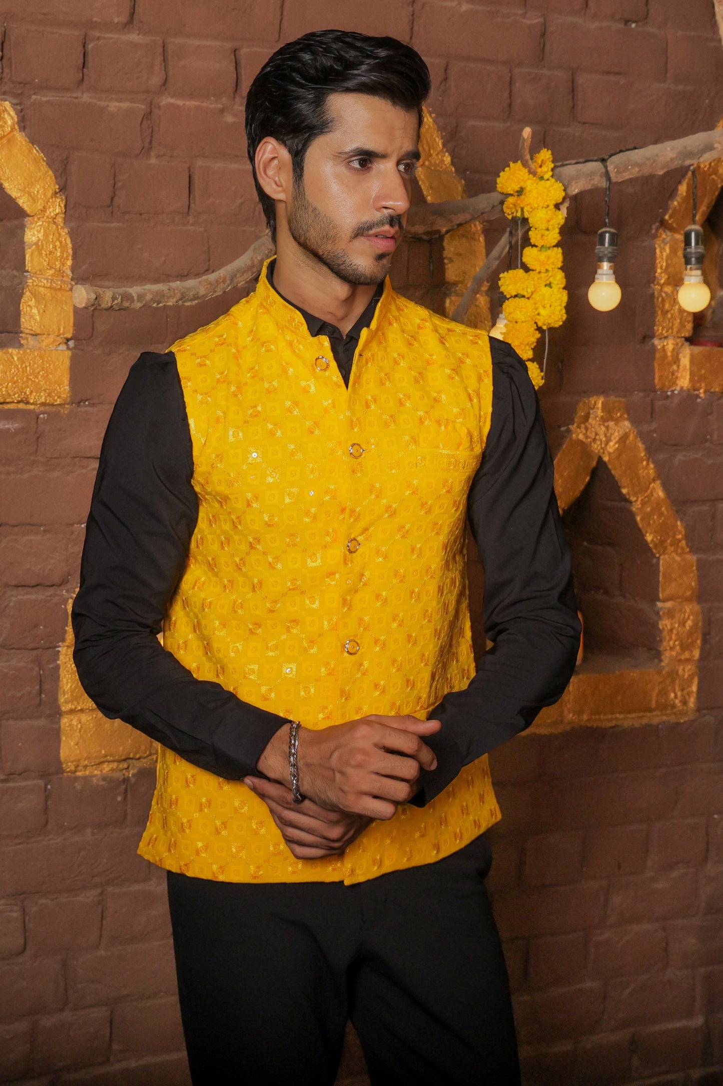 Men's yellow embroidered Nehru jacket for festive and social occasions, and weddings