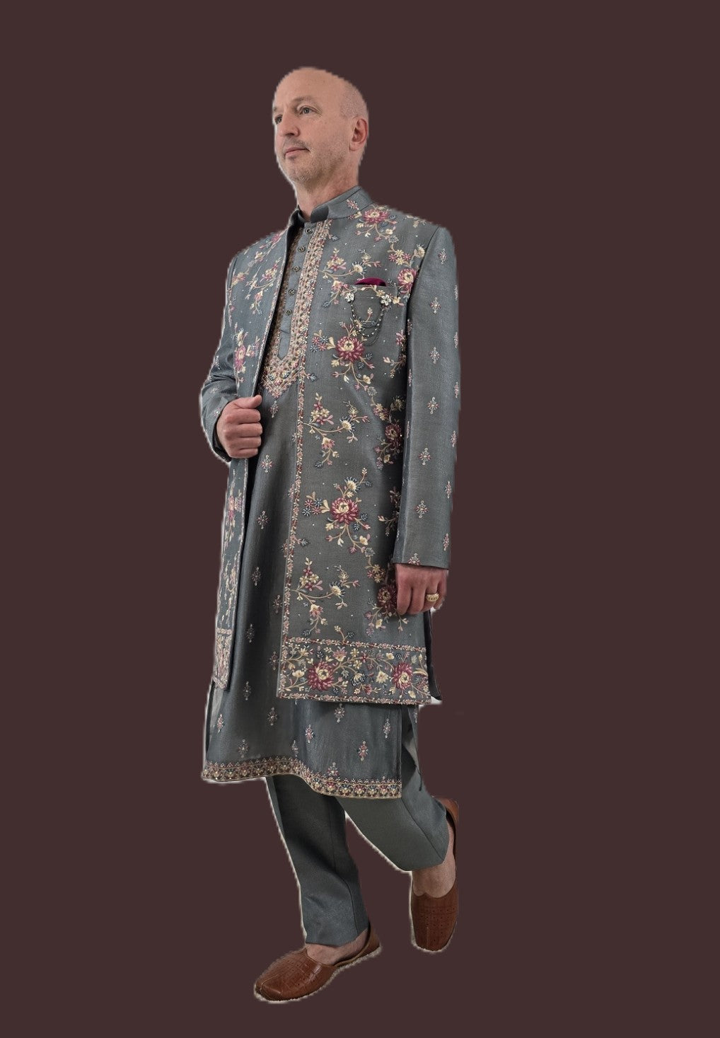 Men's premium gray 3-piece indo-western with detailed gray embroidery - Indian ethnic wear for wedding and festive occasions
