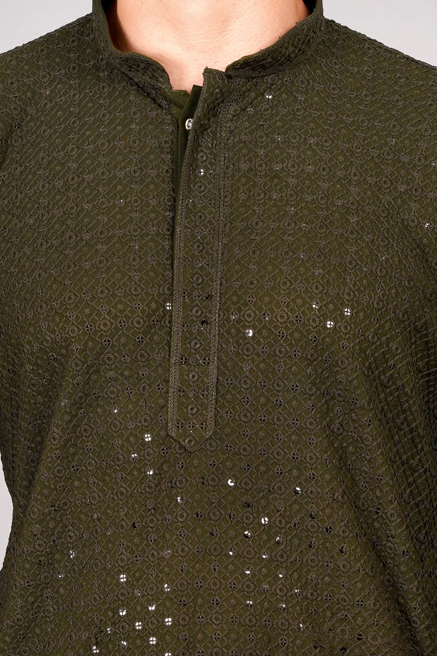 Men Henna Green Kurta with sequin, full length, button closure, one fourth placket, full sleeves, mandarin collar, side pockets, traditional wear for festivals, family occasions, wedding, house warming, casual wear