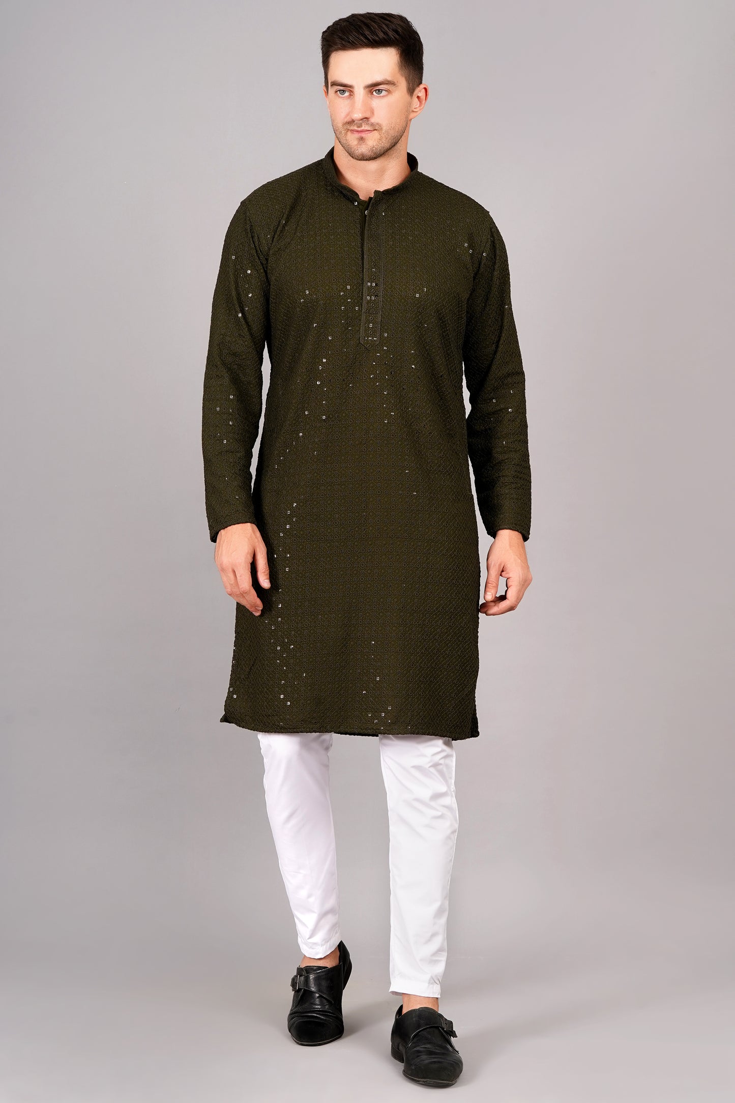 Men Henna Green Kurta with sequin, full length, button closure, one fourth placket, full sleeves, mandarin collar, side pockets, traditional wear for festivals, family occasions, wedding, house warming, casual wear