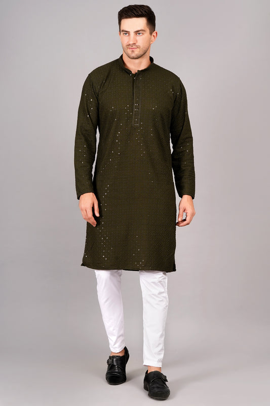 Men Henna Green chikankari Kurta with sequin, full length, button closure, one fourth placket, full sleeves, mandarin collar, side pockets, traditional wear for festivals, family occasions, wedding, house warming, casual wear