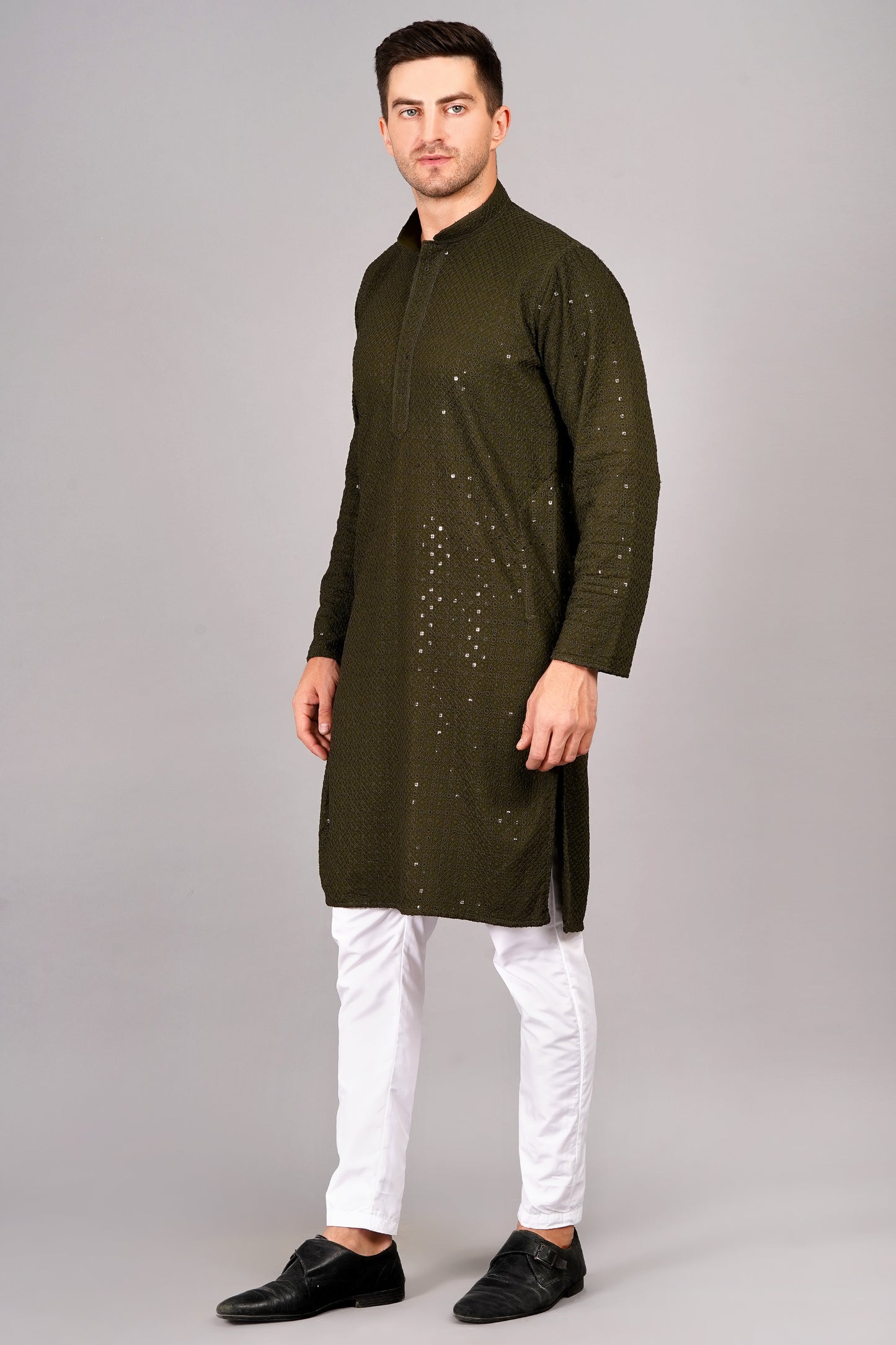 Men Henna Green Kurta with sequin, full length, button closure, one fourth placket, full sleeves, mandarin collar, side pockets, traditional wear for festivals, family occasions, wedding, house warming, casual wear