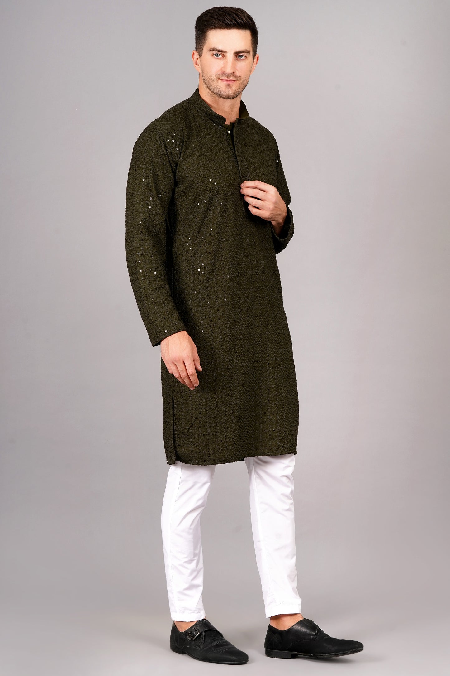 Men Henna Green Kurta with sequin, full length, button closure, one fourth placket, full sleeves, mandarin collar, side pockets, traditional wear for festivals, family occasions, wedding, house warming, casual wear