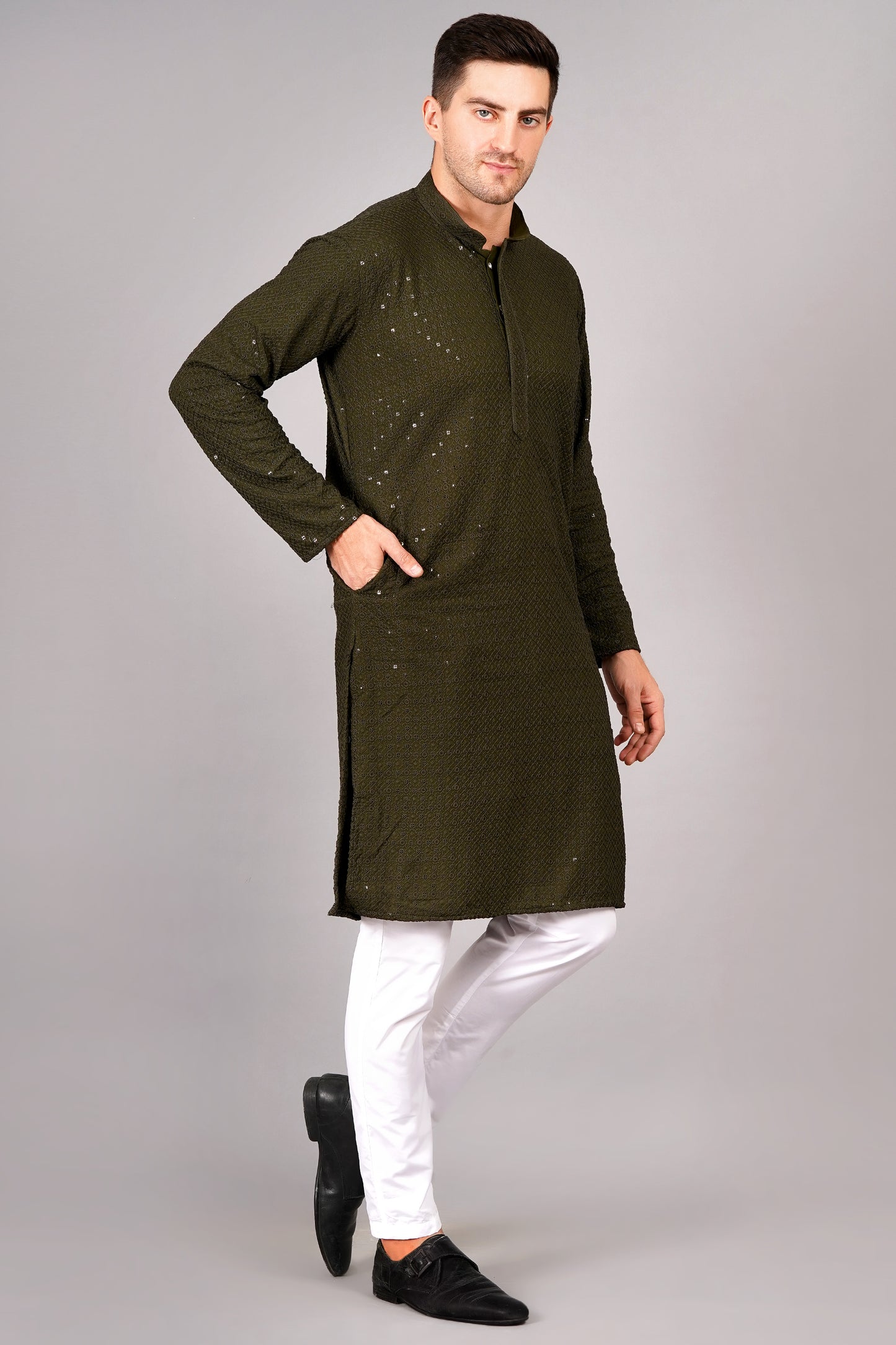 Men Henna Green Kurta with sequin, full length, button closure, one fourth placket, full sleeves, mandarin collar, side pockets, traditional wear for festivals, family occasions, wedding, house warming, casual wear