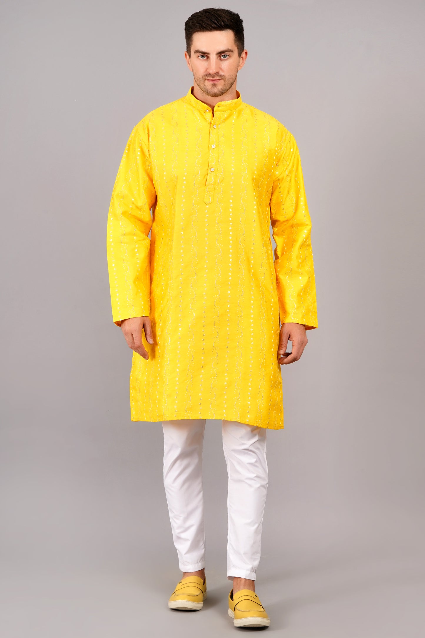 Men Yellow Kurta with sequin, full length, button closure, one fourth placket, full sleeves, mandarin collar, side pockets, traditional wear for festivals, family occasions, wedding, house warming, casual wear