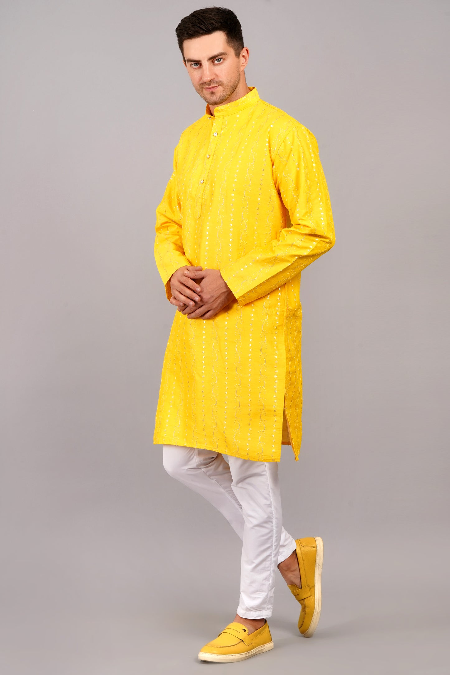 Men Yellow Kurta with sequin, full length, button closure, one fourth placket, full sleeves, mandarin collar, side pockets, traditional wear for festivals, family occasions, wedding, house warming, casual wear