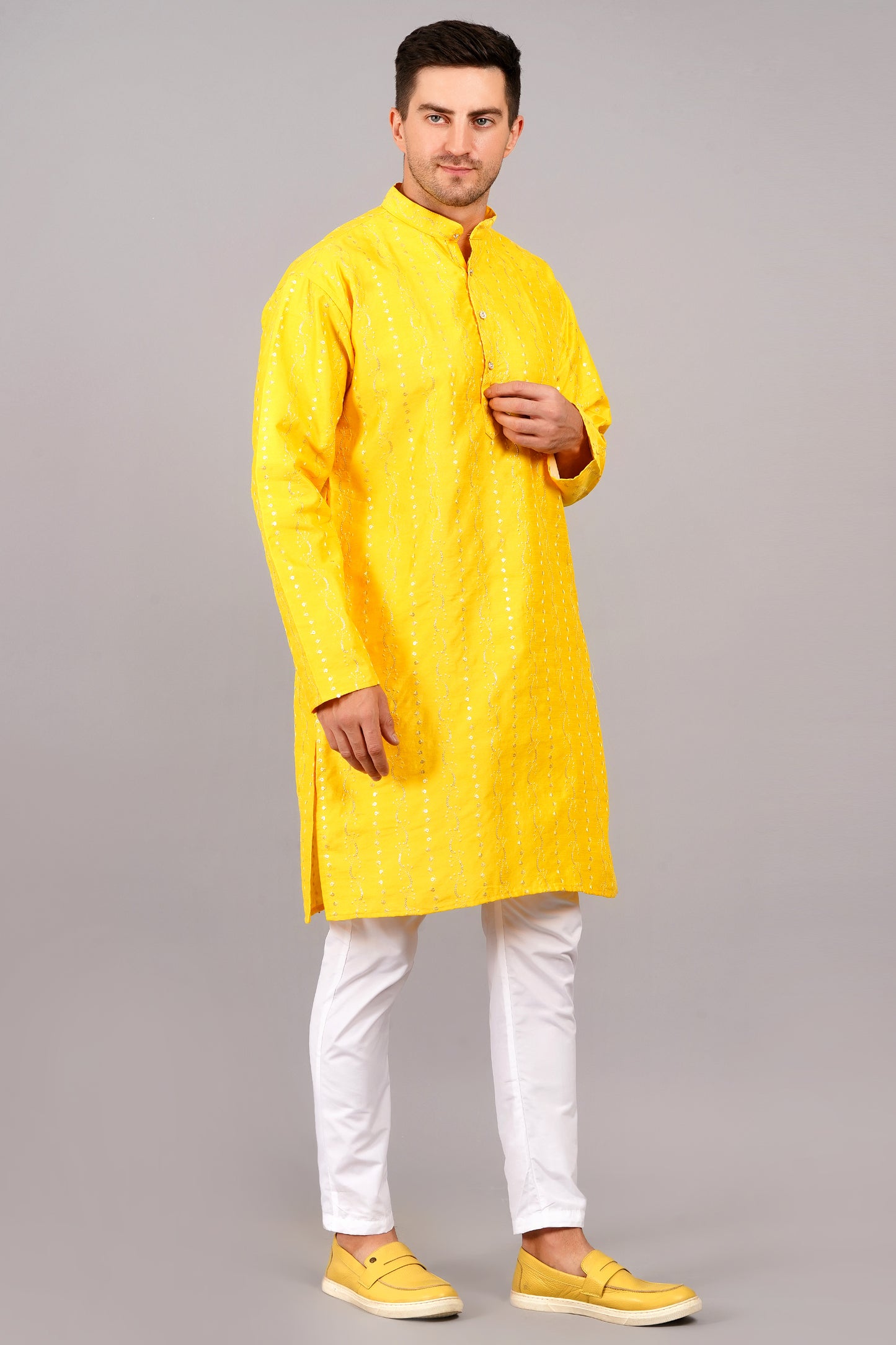 Men Yellow Kurta with sequin, full length, button closure, one fourth placket, full sleeves, mandarin collar, side pockets, traditional wear for festivals, family occasions, wedding, house warming, casual wear
