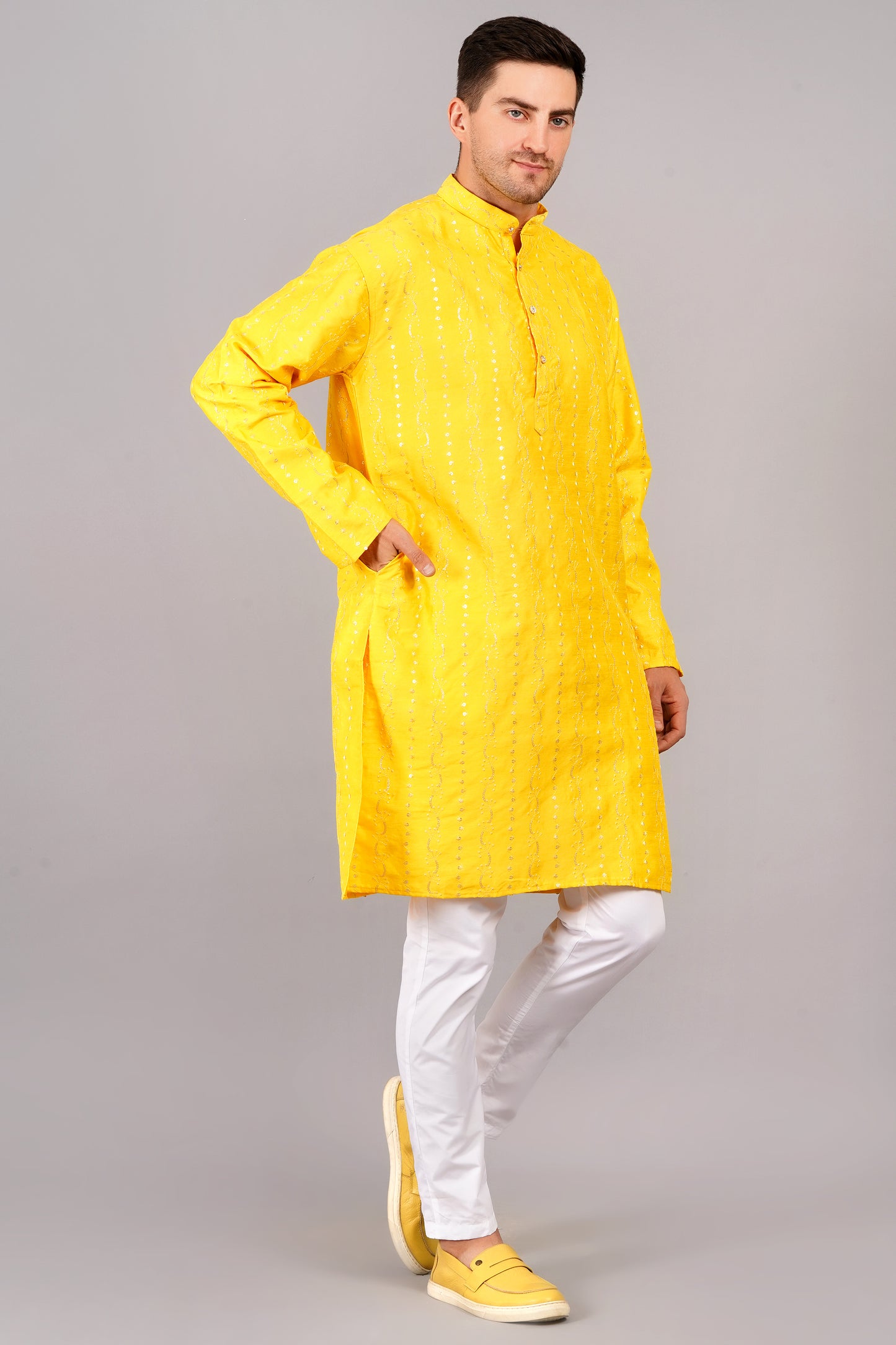 Men Yellow Kurta with sequin, full length, button closure, one fourth placket, full sleeves, mandarin collar, side pockets, traditional wear for festivals, family occasions, wedding, house warming, casual wear