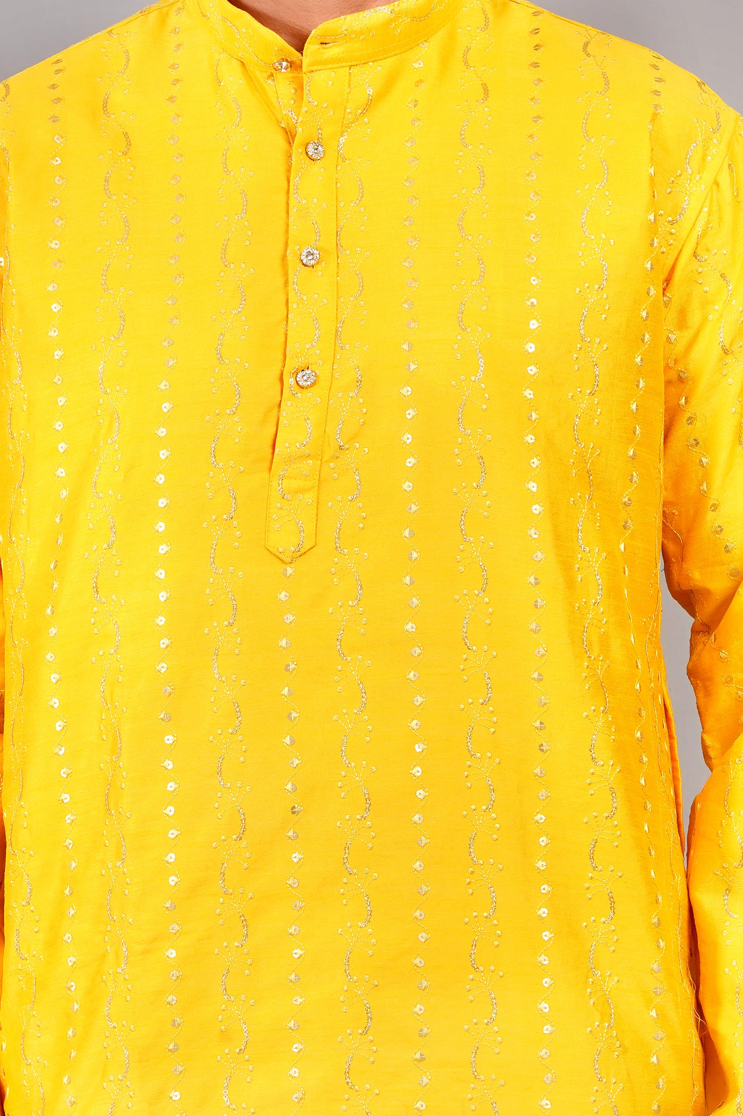 Men Yellow Kurta with sequin, full length, button closure, one fourth placket, full sleeves, mandarin collar, side pockets, traditional wear for festivals, family occasions, wedding, house warming, casual wear