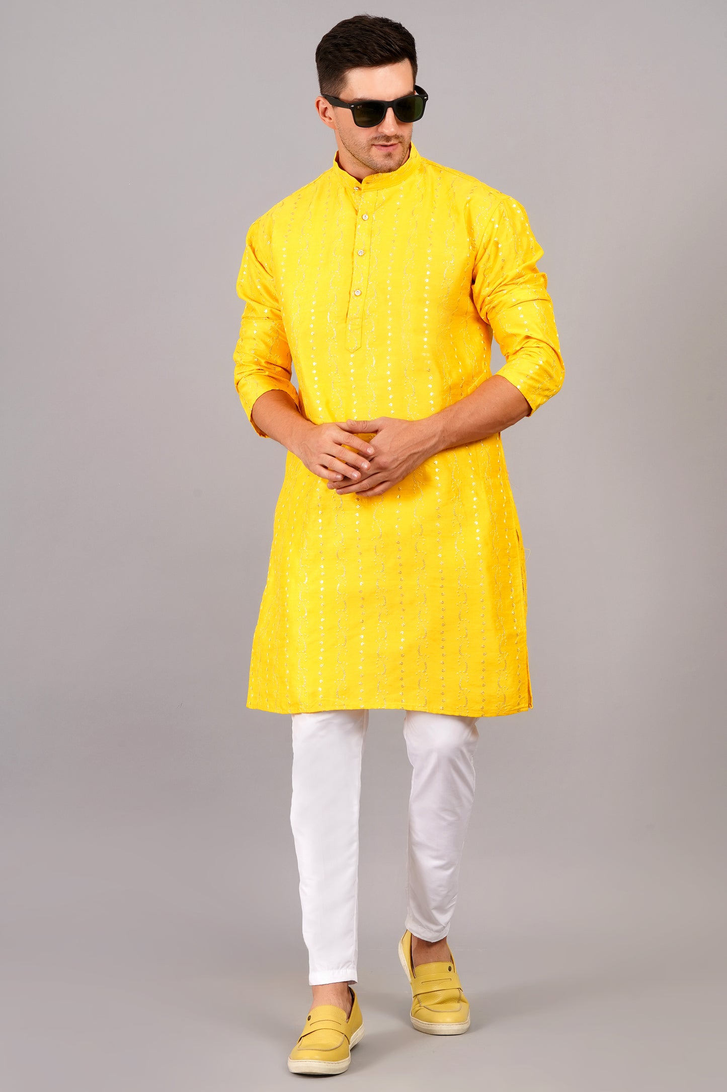 Men Yellow Kurta with sequin, full length, button closure, one fourth placket, full sleeves, mandarin collar, side pockets, traditional wear for festivals, family occasions, wedding, house warming, casual wear