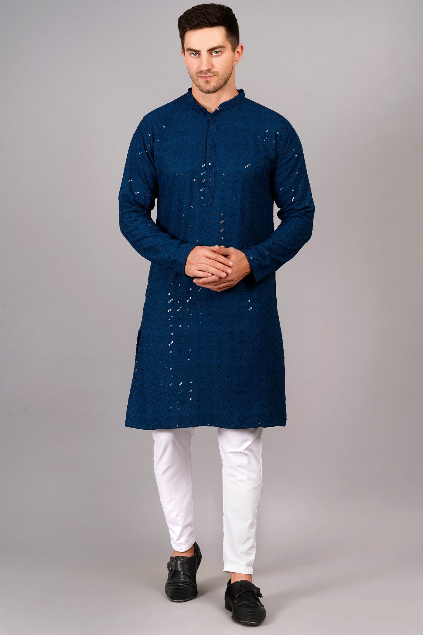 Men Royal Blue Kurta with sequin, full length, button closure, one fourth placket, full sleeves, mandarin collar, side pockets, traditional wear for festivals, family occasions, wedding, house warming, casual wear