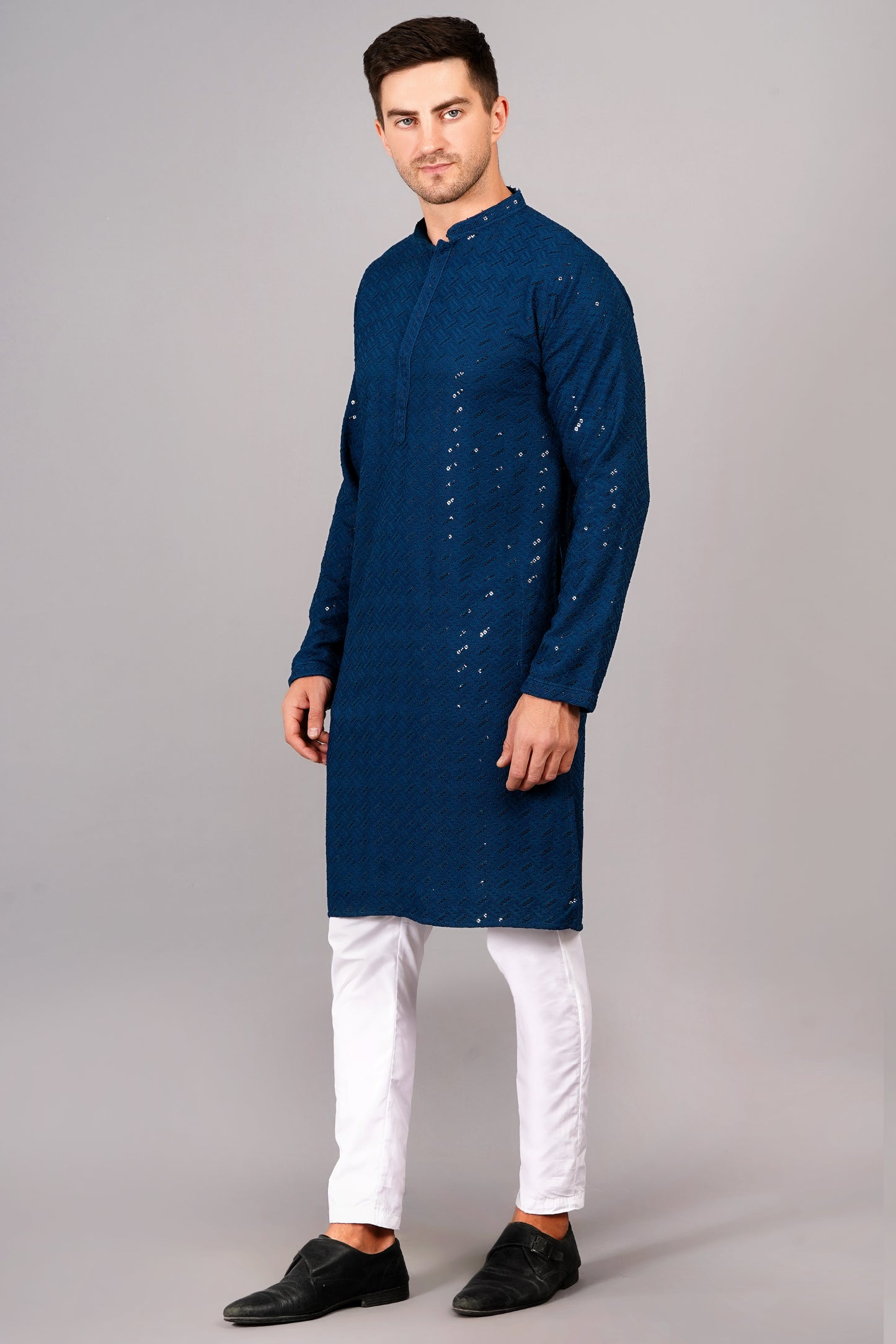Men Royal Blue Kurta with sequin, full length, button closure, one fourth placket, full sleeves, mandarin collar, side pockets, traditional wear for festivals, family occasions, wedding, house warming, casual wear
