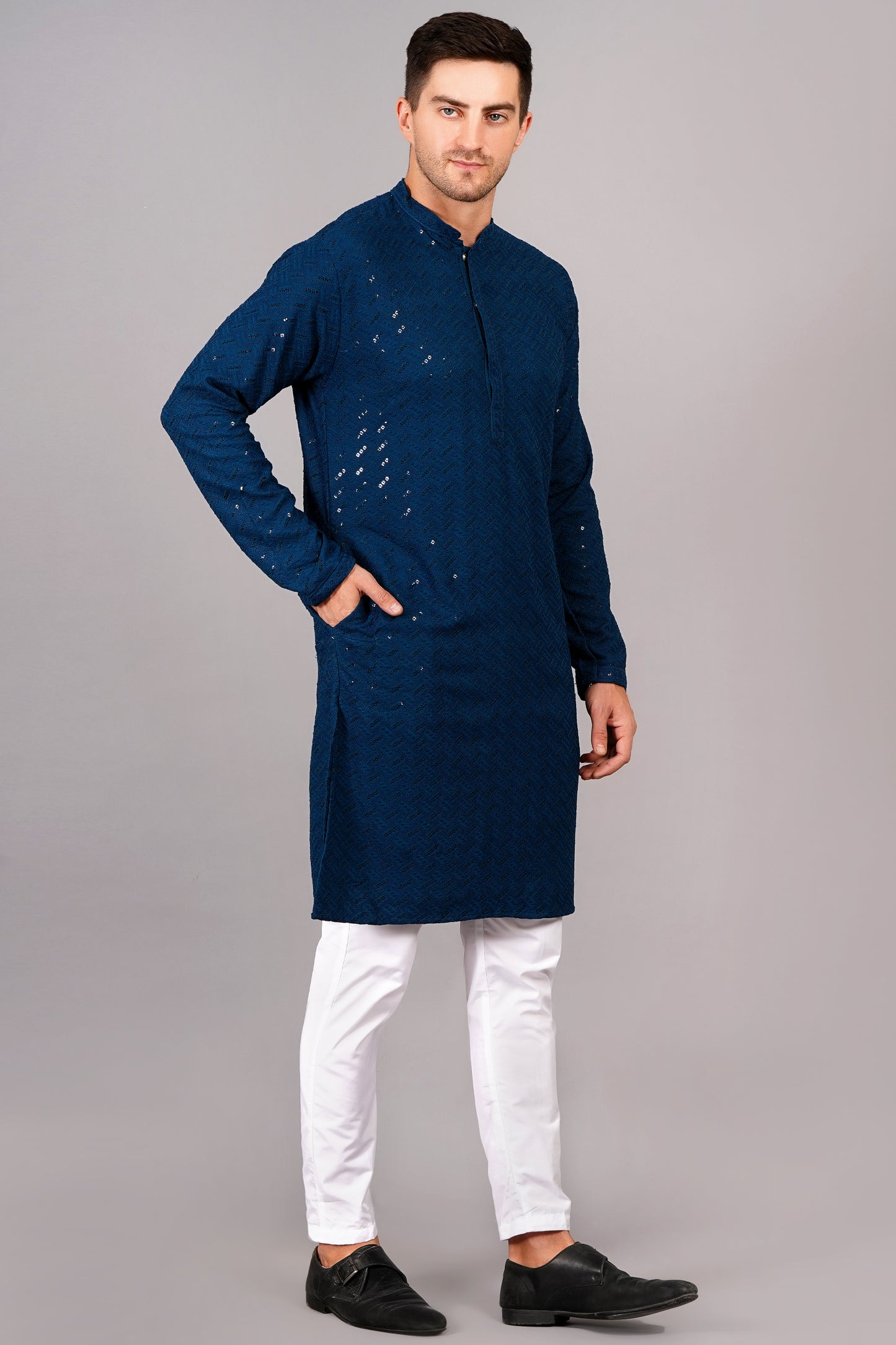Men Royal Blue Kurta with sequin, full length, button closure, one fourth placket, full sleeves, mandarin collar, side pockets, traditional wear for festivals, family occasions, wedding, house warming, casual wear
