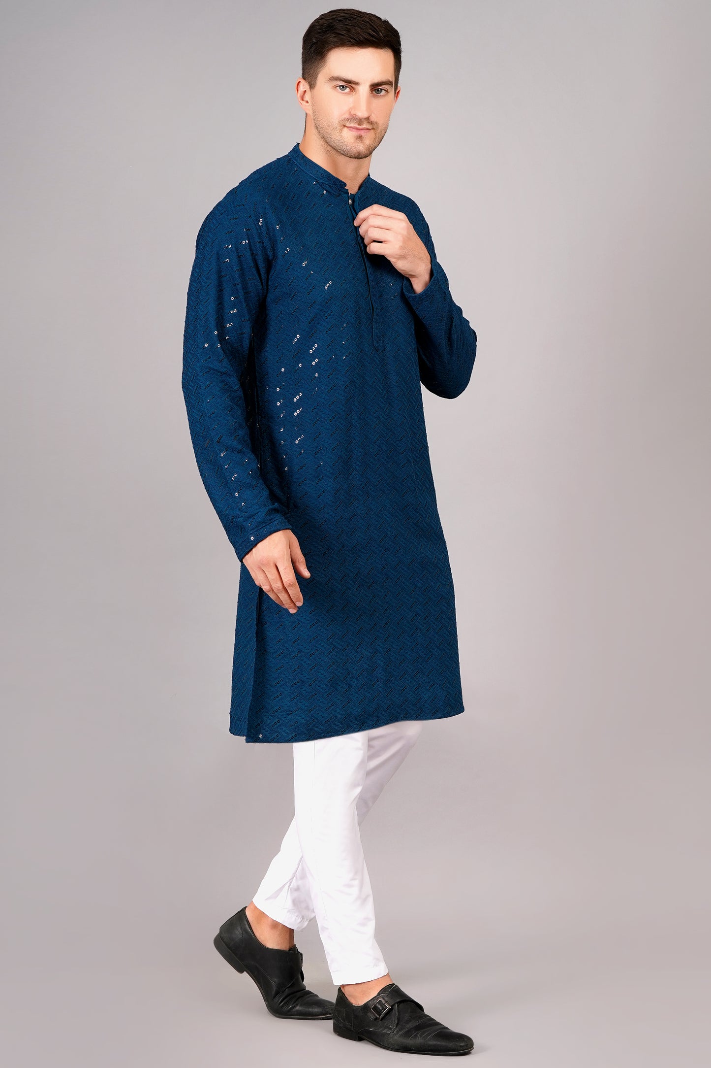 Men Royal Blue Kurta with sequin, full length, button closure, one fourth placket, full sleeves, mandarin collar, side pockets, traditional wear for festivals, family occasions, wedding, house warming, casual wear