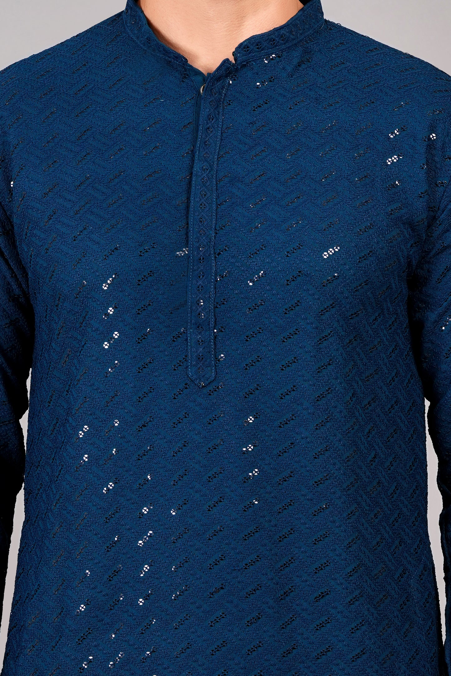 Men Royal Blue Kurta with sequin, full length, button closure, one fourth placket, full sleeves, mandarin collar, side pockets, traditional wear for festivals, family occasions, wedding, house warming, casual wear