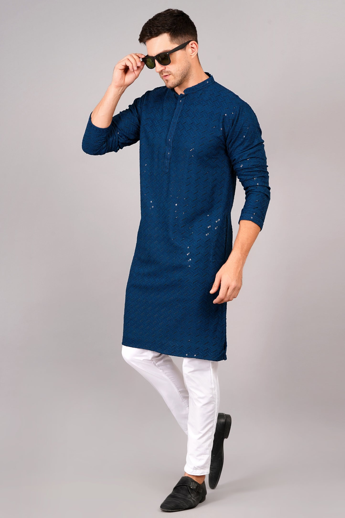Men Royal Blue Kurta with sequin, full length, button closure, one fourth placket, full sleeves, mandarin collar, side pockets, traditional wear for festivals, family occasions, wedding, house warming, casual wear
