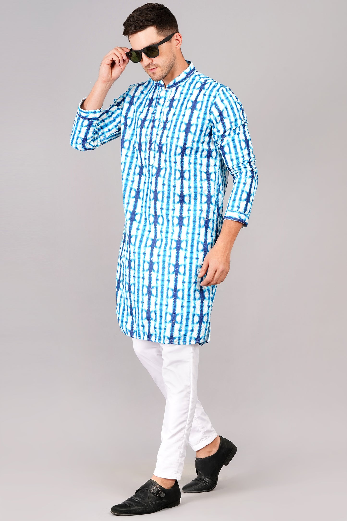 Men's blue and white tie-dye kurta with tasteful sequin work - contemporary Indian ethnic wear for casual wear and social gatherings