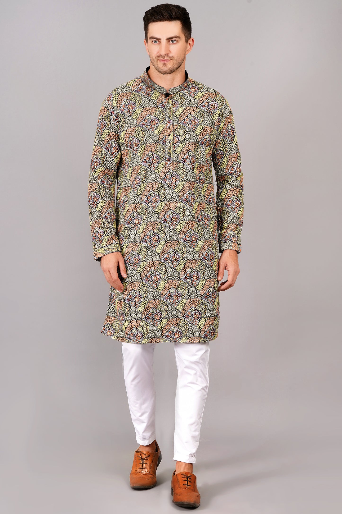 Men's multi-color kurta, mandarin collar, side pockets, full sleeves - casual and social occasions men's wear