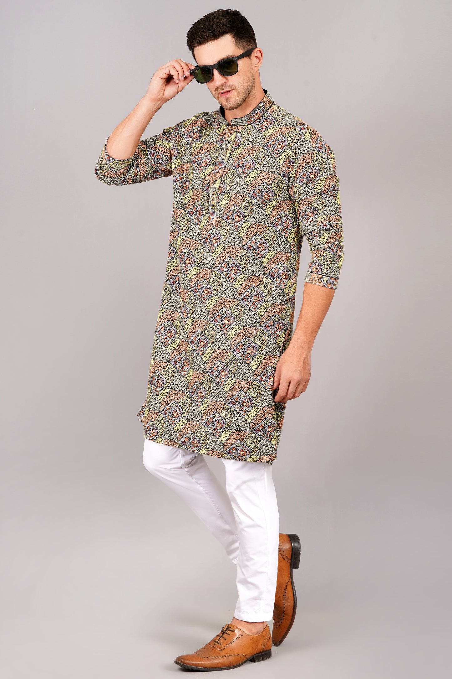 Men's multi-color kurta, mandarin collar, side pockets, full sleeves - casual and social occasions men's wear