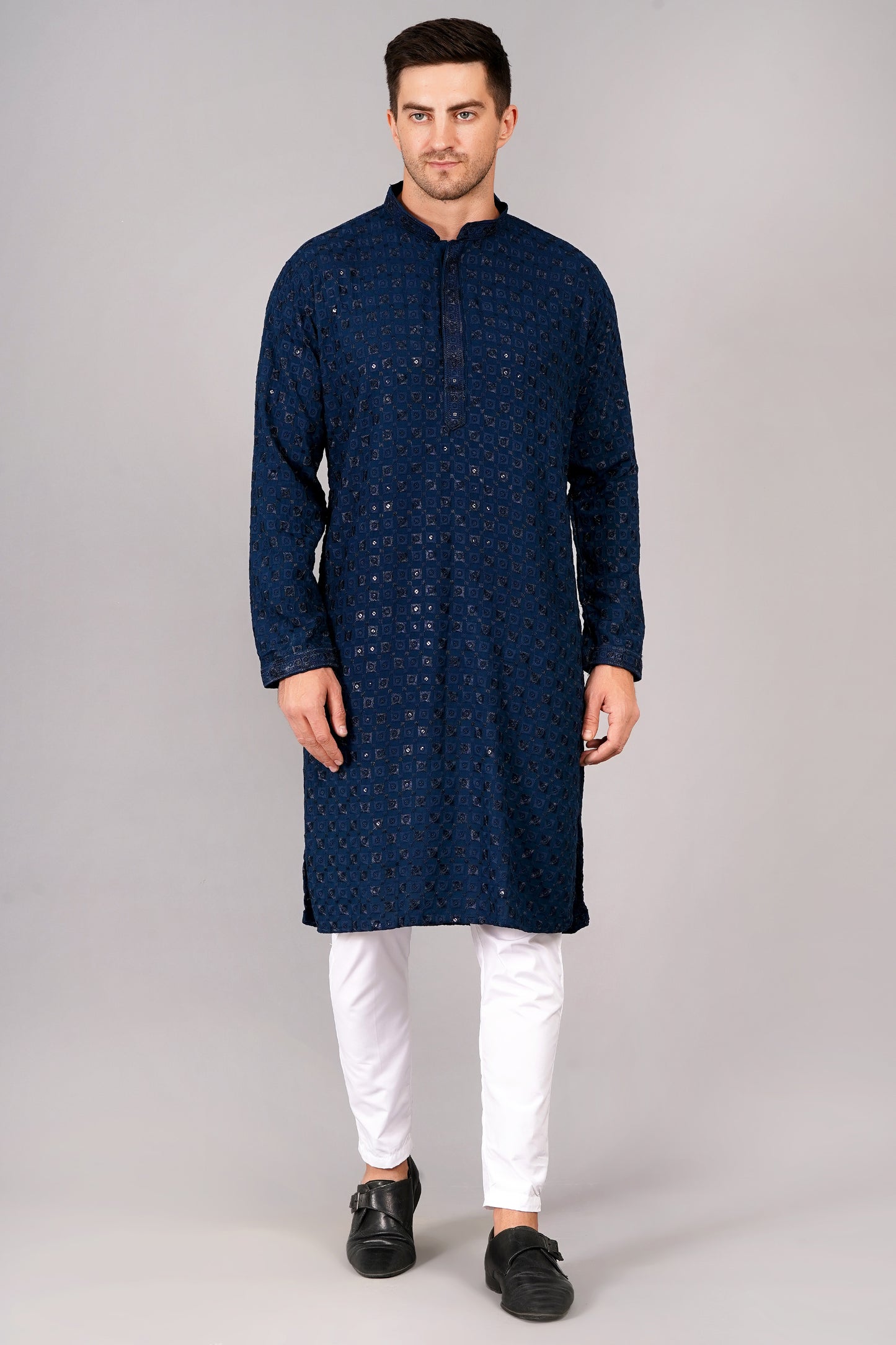 Men Navy Blue Kurta with sequin, full length, button closure, one fourth placket, full sleeves, mandarin collar, side pockets, traditional wear for festivals, family occasions, wedding, house warming, casual wear