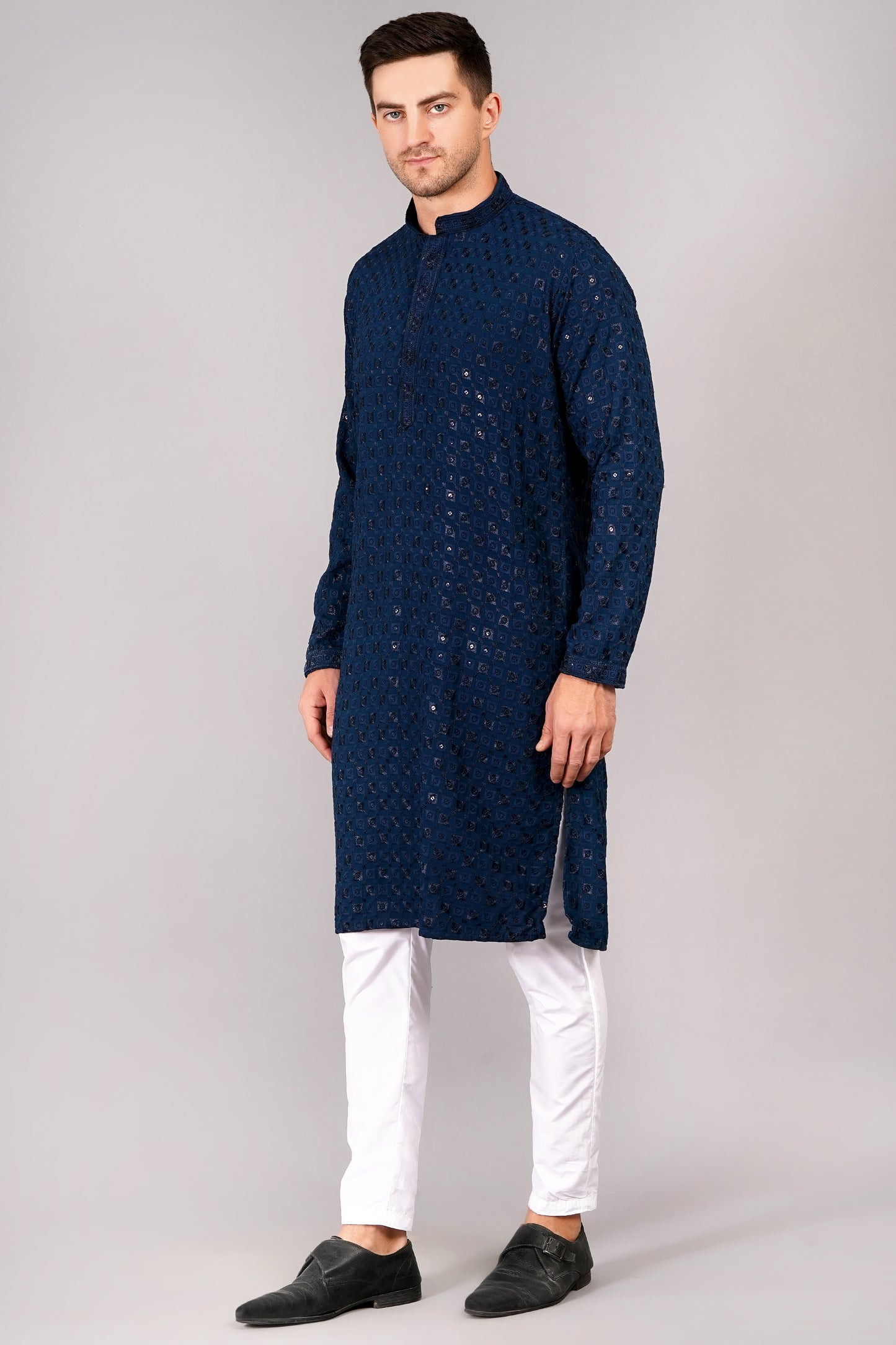 Men Navy Blue Kurta with sequin, full length, button closure, one fourth placket, full sleeves, mandarin collar, side pockets, traditional wear for festivals, family occasions, wedding, house warming, casual wear