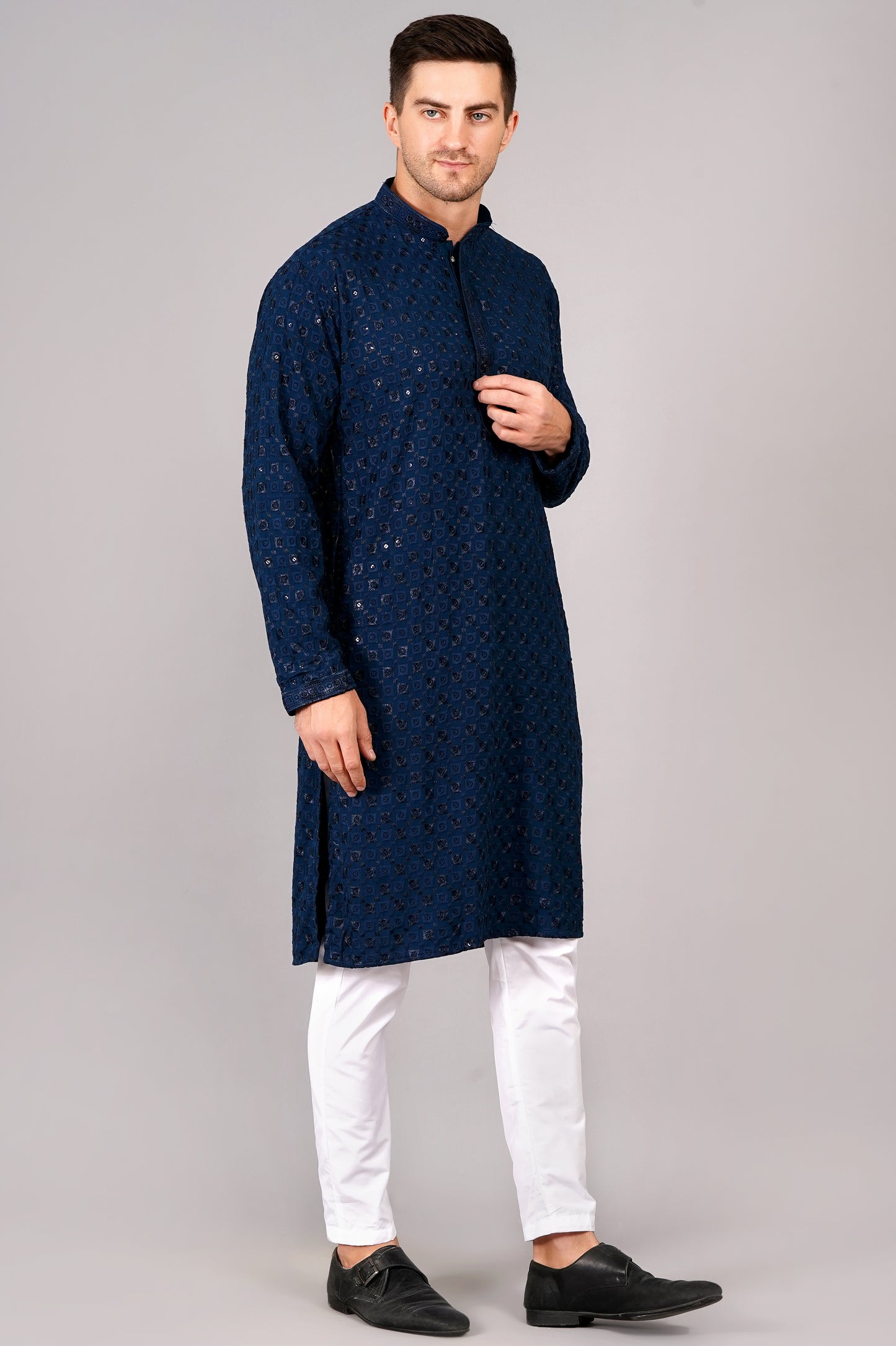 Men Navy Blue Kurta with sequin, full length, button closure, one fourth placket, full sleeves, mandarin collar, side pockets, traditional wear for festivals, family occasions, wedding, house warming, casual wear