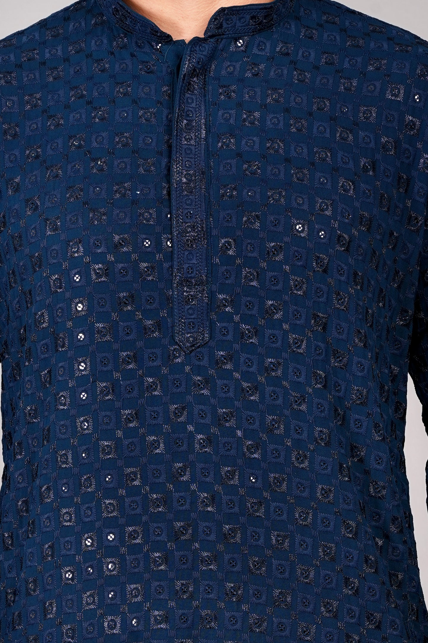 Men Navy Blue Kurta with sequin, full length, button closure, one fourth placket, full sleeves, mandarin collar, side pockets, traditional wear for festivals, family occasions, wedding, house warming, casual wear