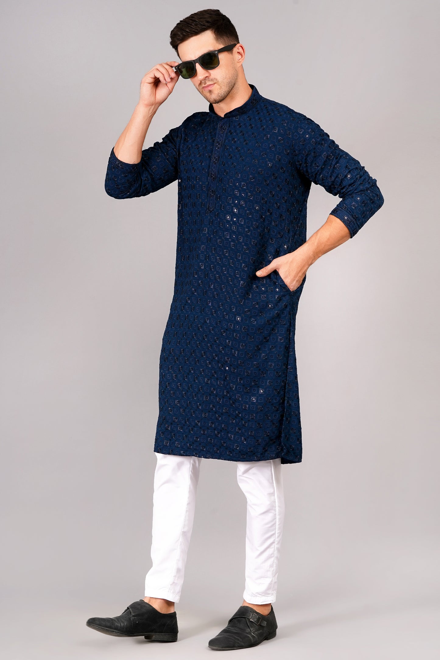Men Navy Blue Kurta with sequin, full length, button closure, one fourth placket, full sleeves, mandarin collar, side pockets, traditional wear for festivals, family occasions, wedding, house warming, casual wear