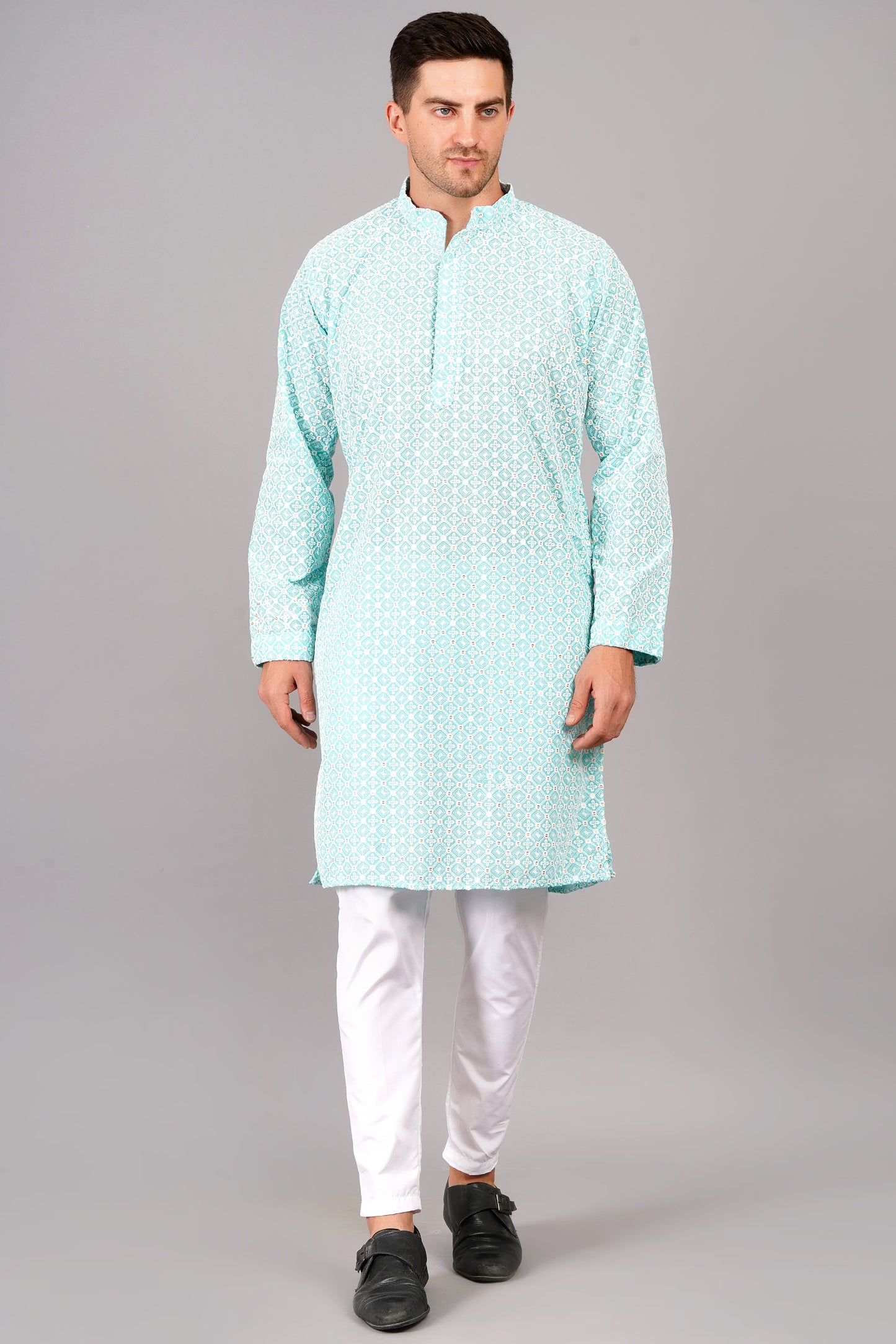 Men light blue or tiffany blue color Kurta with sequin, full length, button closure, one fourth placket, full sleeves, mandarin collar, side pockets, traditional ethnic wear for festivals, family occasions, wedding, house warming, casual wear