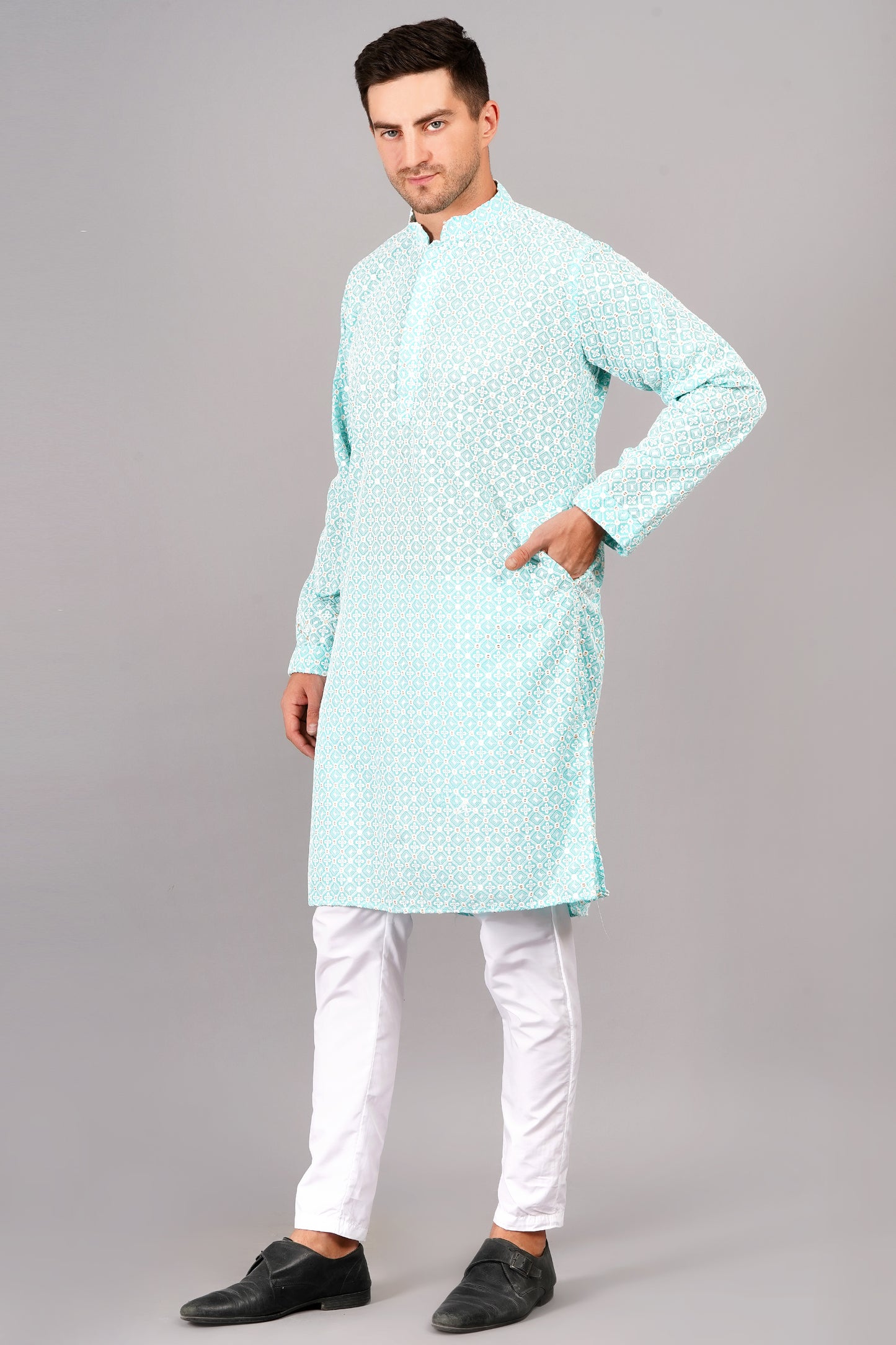 Men light blue or tiffany blue color Kurta with sequin, full length, button closure, one fourth placket, full sleeves, mandarin collar, side pockets, traditional ethnic wear for festivals, family occasions, wedding, house warming, casual wear