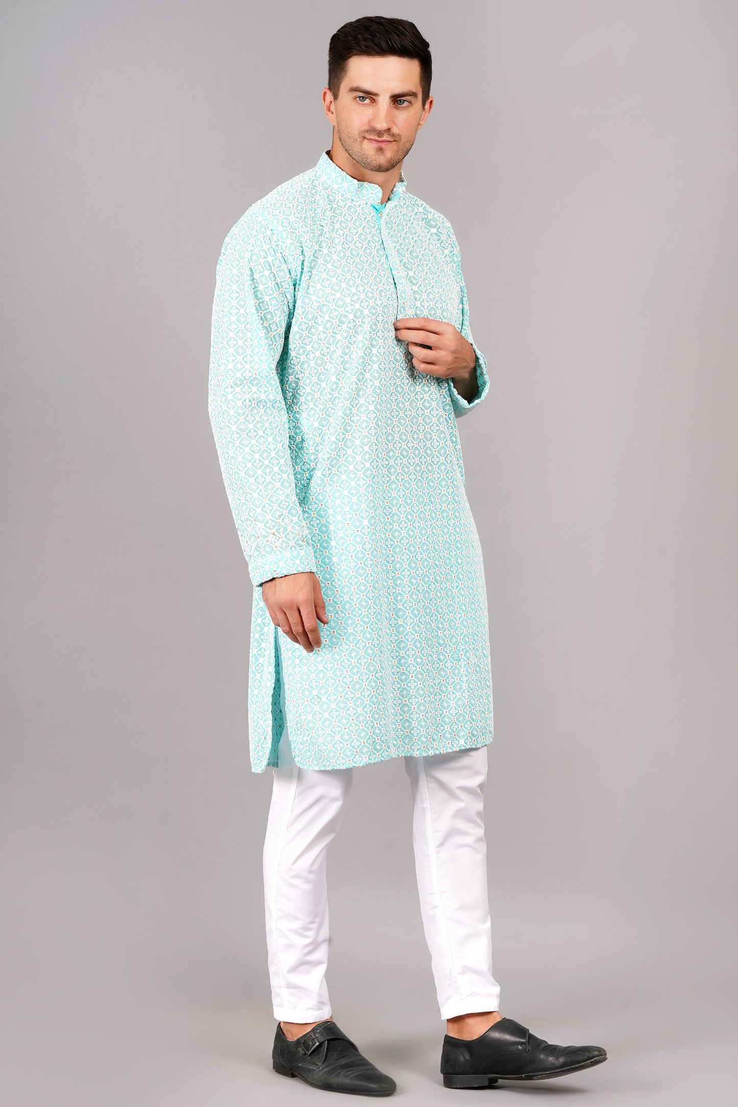 Men light blue or tiffany blue color Kurta with sequin, full length, button closure, one fourth placket, full sleeves, mandarin collar, side pockets, traditional ethnic wear for festivals, family occasions, wedding, house warming, casual wear