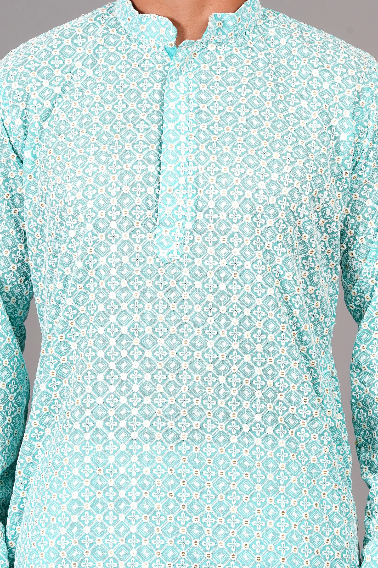 Men light blue or tiffany blue color Kurta with sequin, full length, button closure, one fourth placket, full sleeves, mandarin collar, side pockets, traditional ethnic wear for festivals, family occasions, wedding, house warming, casual wear