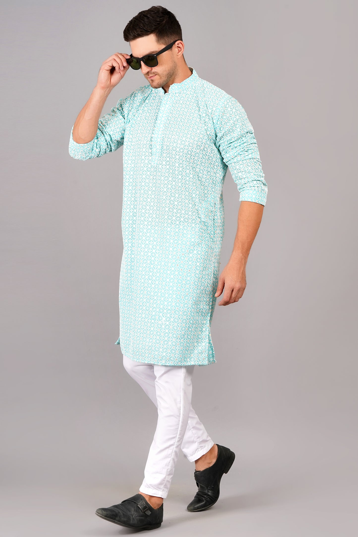 Men light blue or tiffany blue color Kurta with sequin, full length, button closure, one fourth placket, full sleeves, mandarin collar, side pockets, traditional ethnic wear for festivals, family occasions, wedding, house warming, casual wear