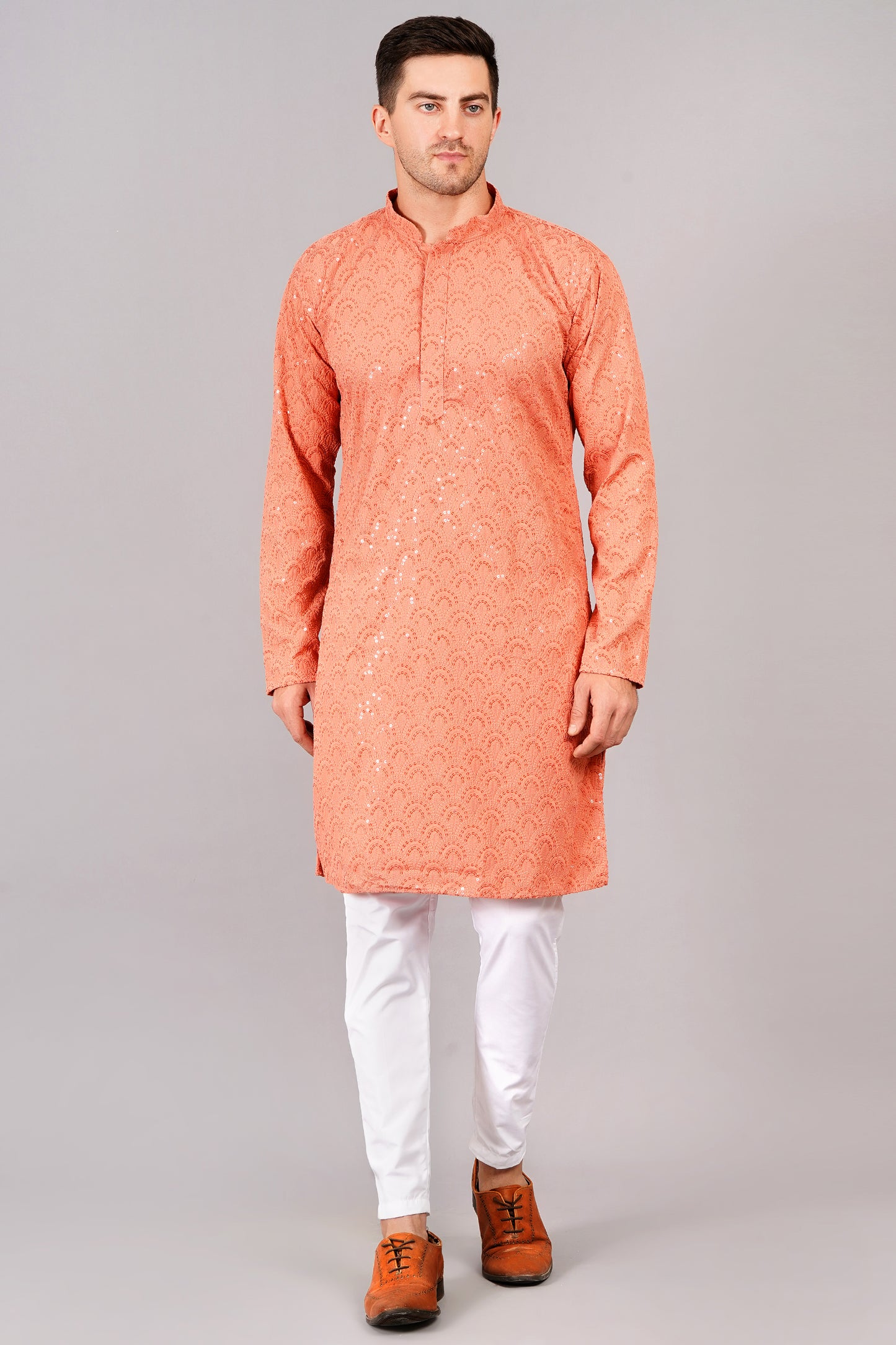 Men coral-orange color or carrot color Kurta with sequin, full length, button closure, one fourth placket, full sleeves, mandarin collar, side pockets, traditional ethnic wear for festivals, family occasions, wedding, house warming, casual wear