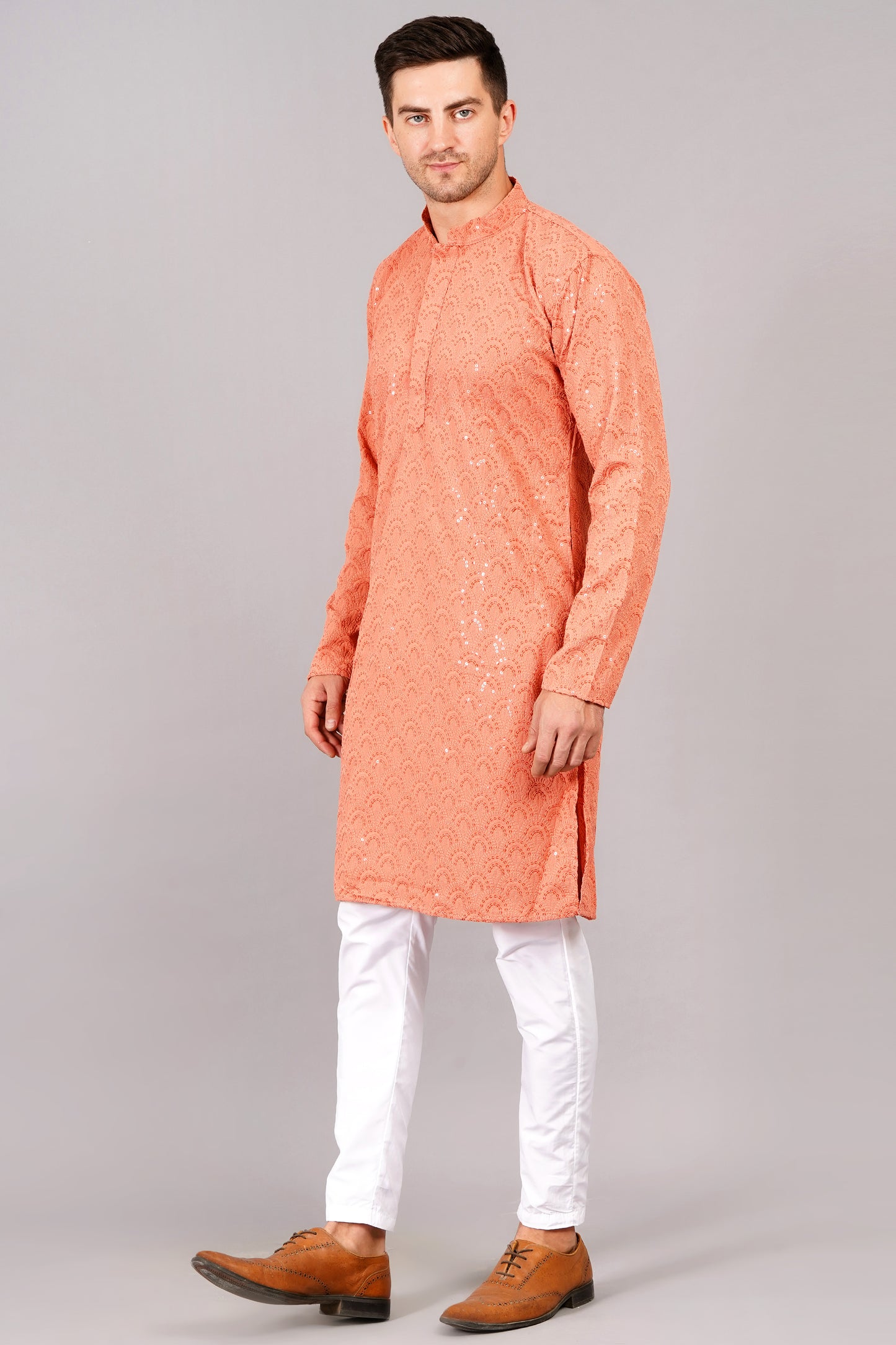 Men coral-orange color or carrot color Kurta with sequin, full length, button closure, one fourth placket, full sleeves, mandarin collar, side pockets, traditional ethnic wear for festivals, family occasions, wedding, house warming, casual wear