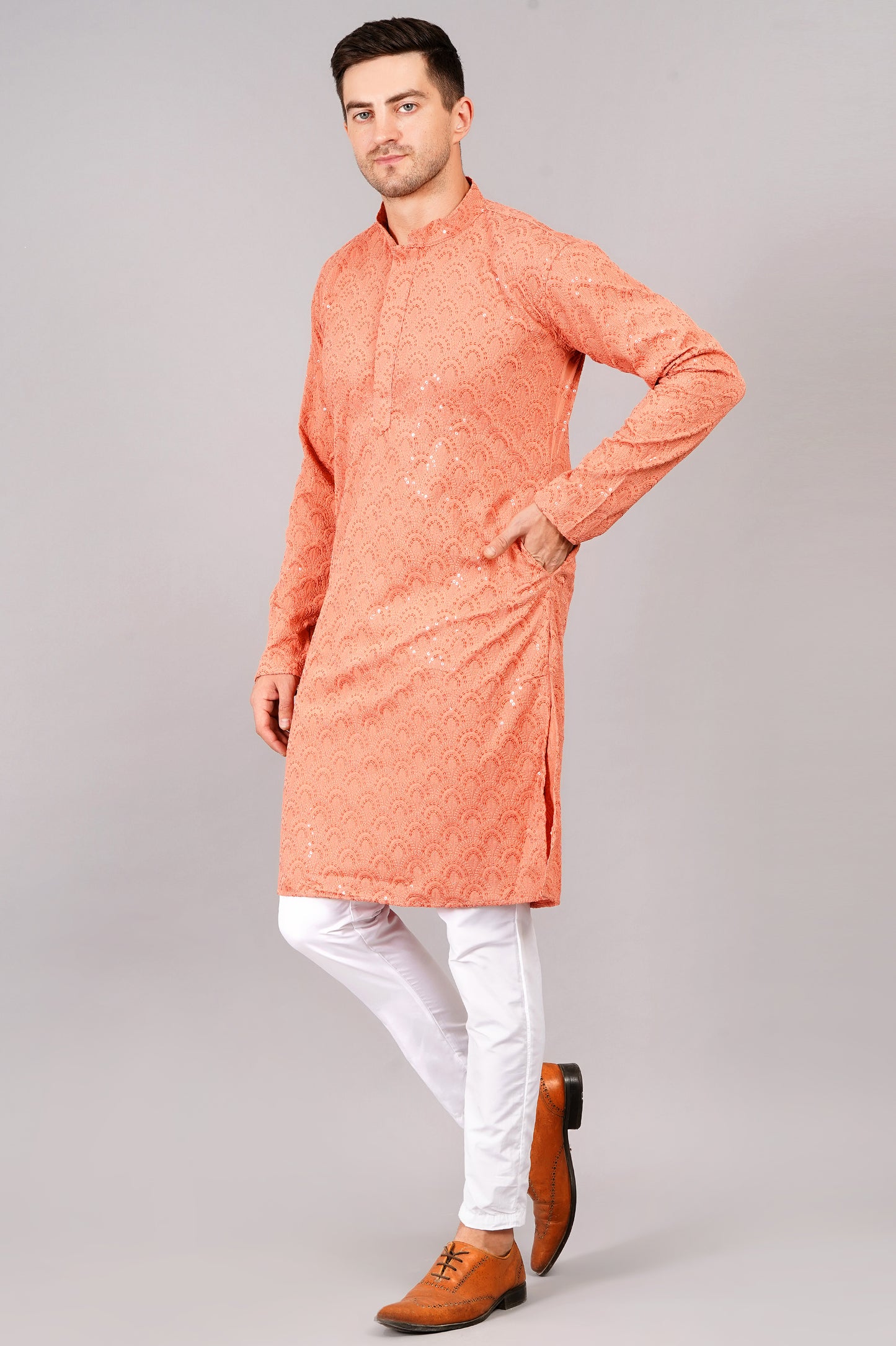 Men coral-orange color or carrot color Kurta with sequin, full length, button closure, one fourth placket, full sleeves, mandarin collar, side pockets, traditional ethnic wear for festivals, family occasions, wedding, house warming, casual wear