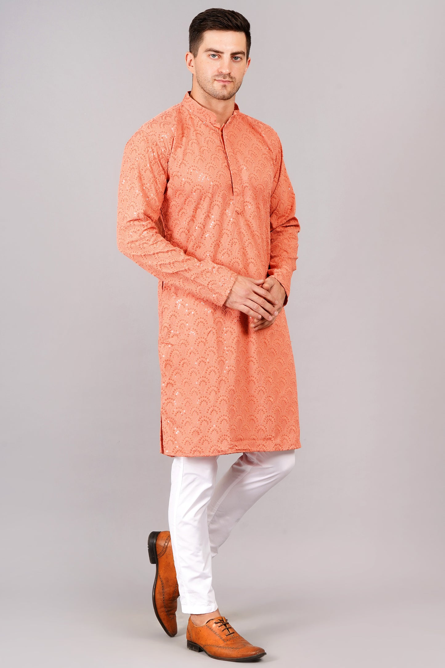 Men coral-orange color or carrot color Kurta with sequin, full length, button closure, one fourth placket, full sleeves, mandarin collar, side pockets, traditional ethnic wear for festivals, family occasions, wedding, house warming, casual wear
