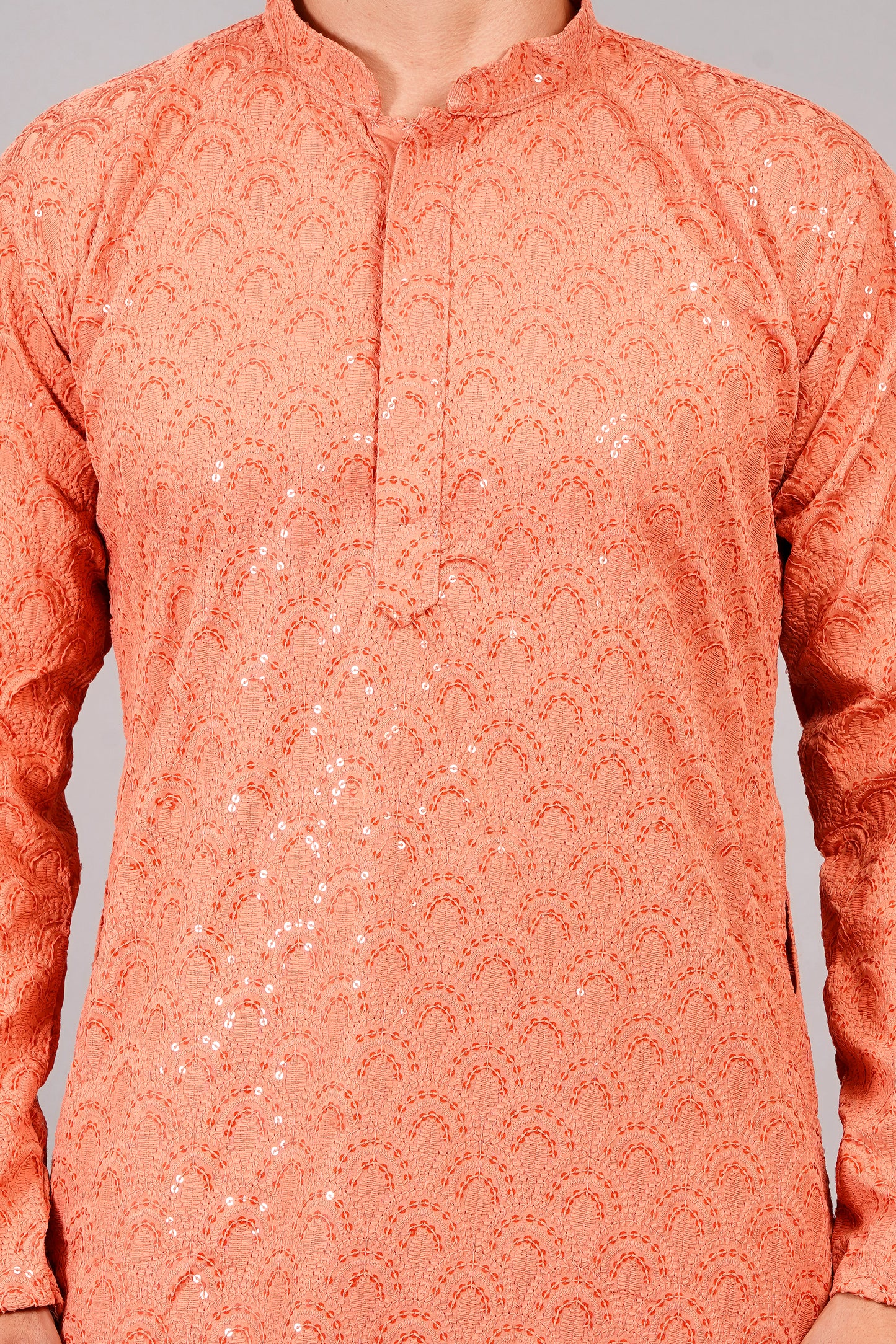Men coral-orange color or carrot color Kurta with sequin, full length, button closure, one fourth placket, full sleeves, mandarin collar, side pockets, traditional ethnic wear for festivals, family occasions, wedding, house warming, casual wear