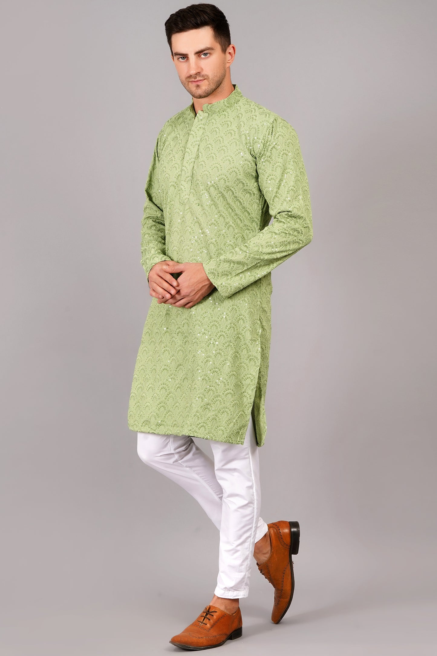 Men light green color Kurta with sequin, full length, button closure, one fourth placket, full sleeves, mandarin collar, side pockets, traditional ethnic wear for festivals, family occasions, wedding, house warming, casual wear