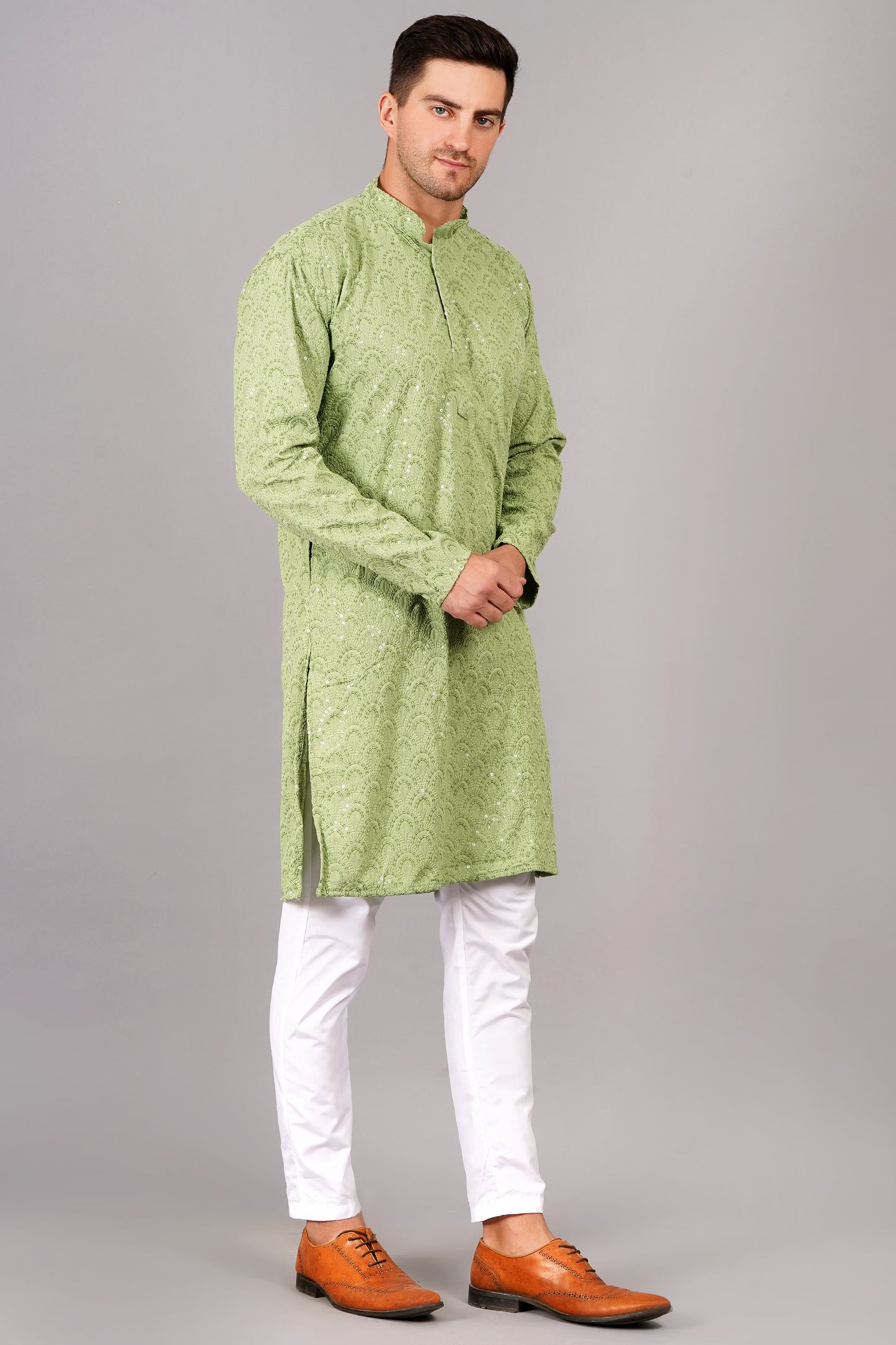 Men light green color Kurta with sequin, full length, button closure, one fourth placket, full sleeves, mandarin collar, side pockets, traditional ethnic wear for festivals, family occasions, wedding, house warming, casual wear