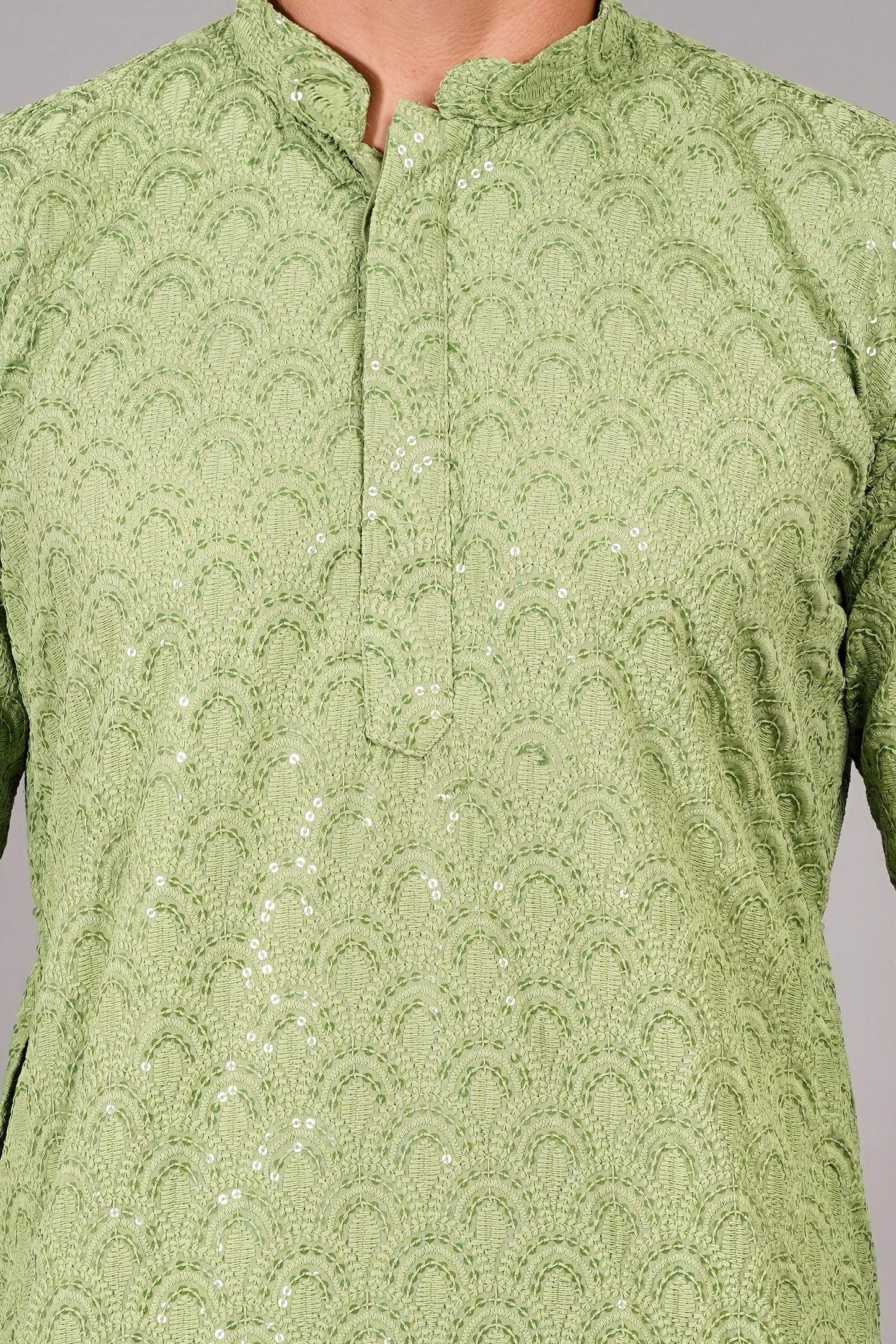 Men light green color Kurta with sequin, full length, button closure, one fourth placket, full sleeves, mandarin collar, side pockets, traditional ethnic wear for festivals, family occasions, wedding, house warming, casual wear