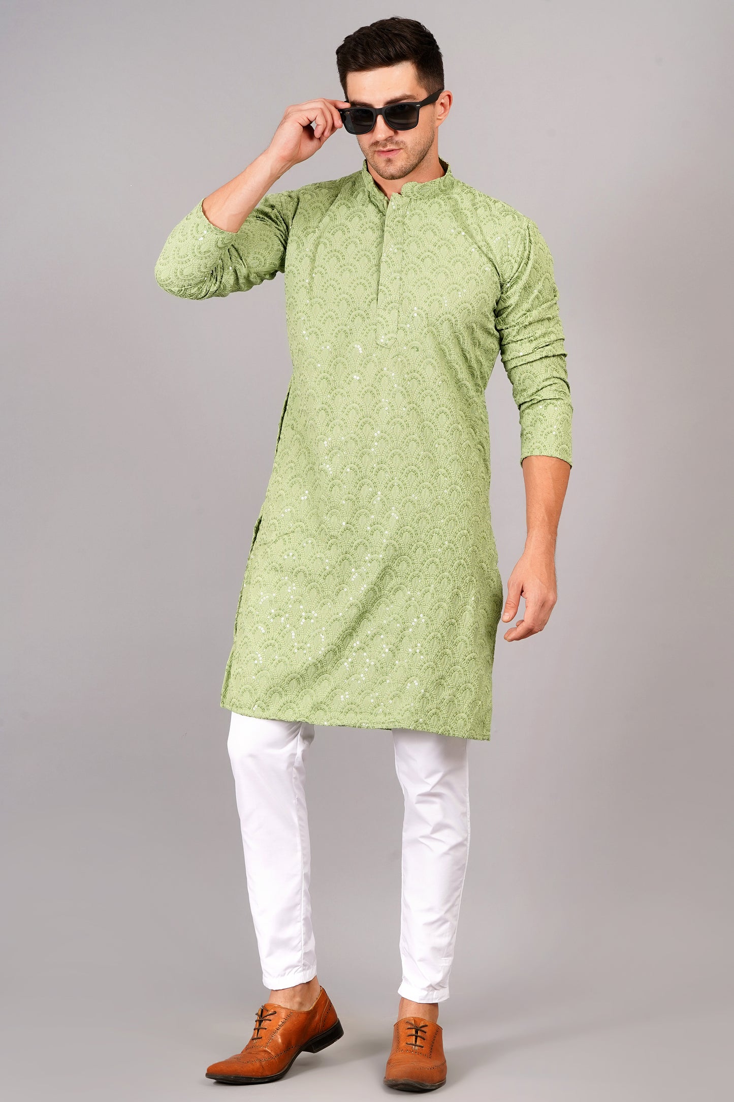 Men light green color Kurta with sequin, full length, button closure, one fourth placket, full sleeves, mandarin collar, side pockets, traditional ethnic wear for festivals, family occasions, wedding, house warming, casual wear
