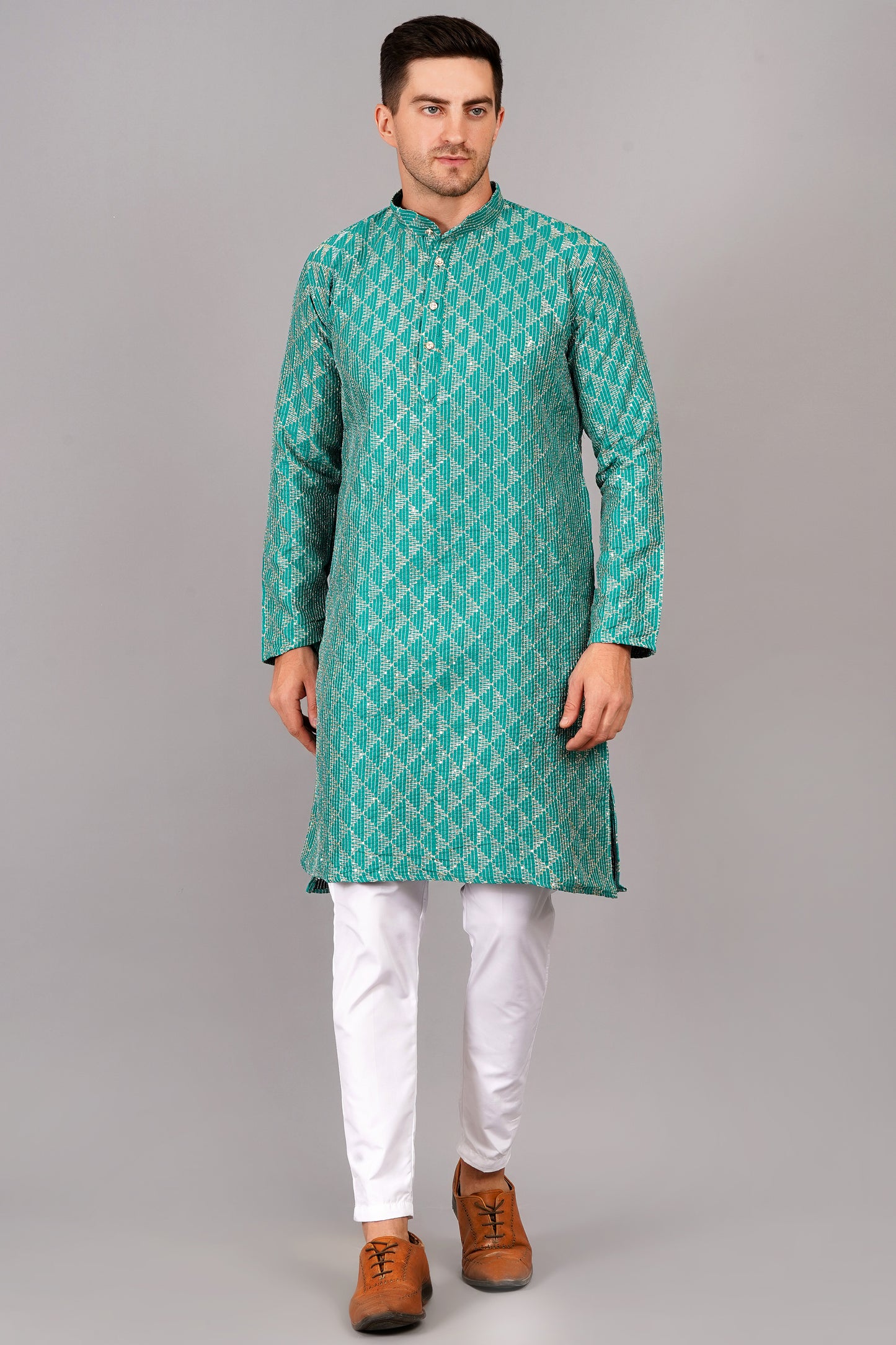 Men light blue or turquoise blue color Kurta with sequin, full length, button closure, one fourth placket, full sleeves, mandarin collar, side pockets, traditional ethnic wear for festivals, family occasions, wedding, house warming, casual wear