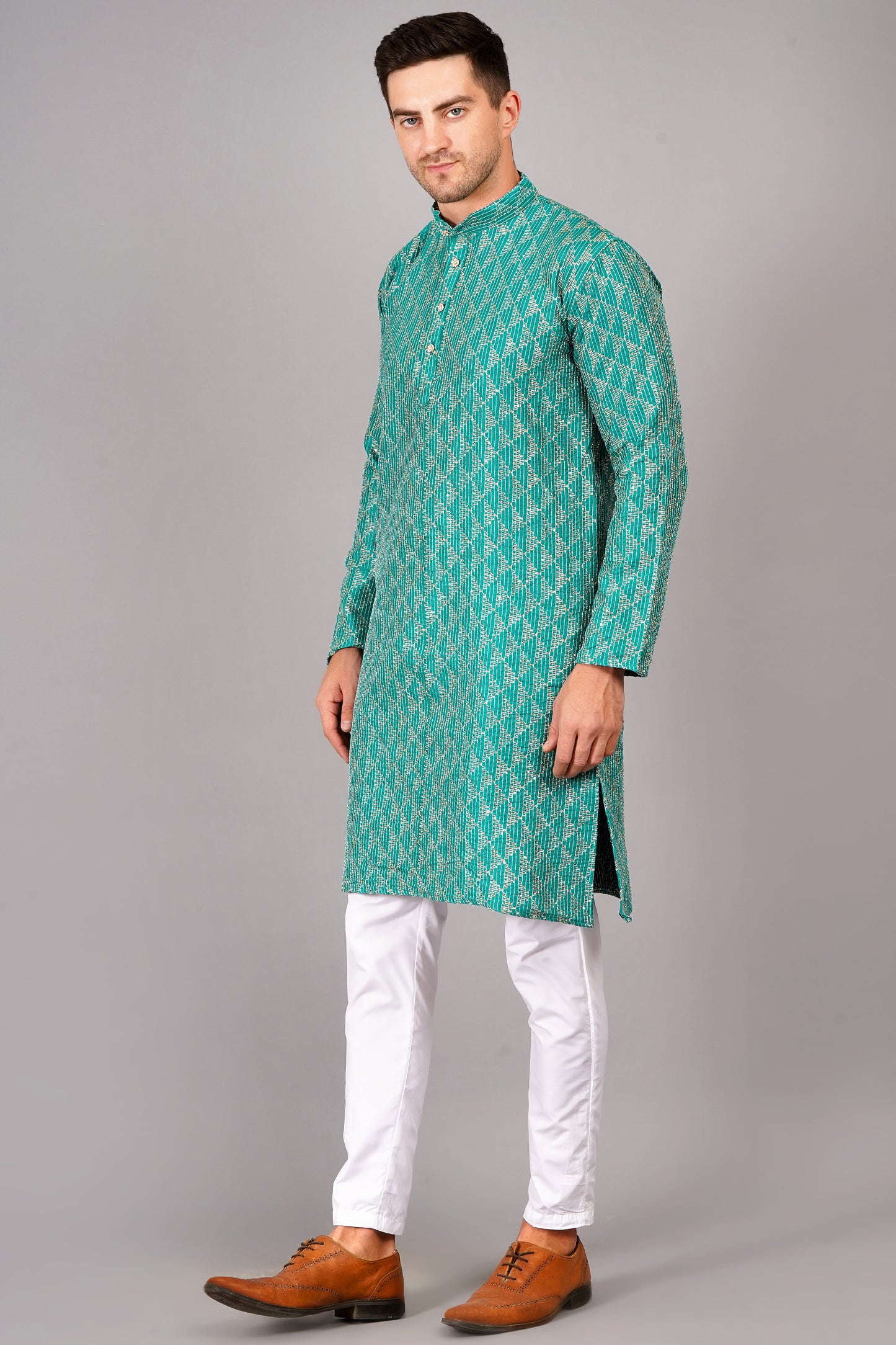 Men light blue or turquoise blue color Kurta with sequin, full length, button closure, one fourth placket, full sleeves, mandarin collar, side pockets, traditional ethnic wear for festivals, family occasions, wedding, house warming, casual wear