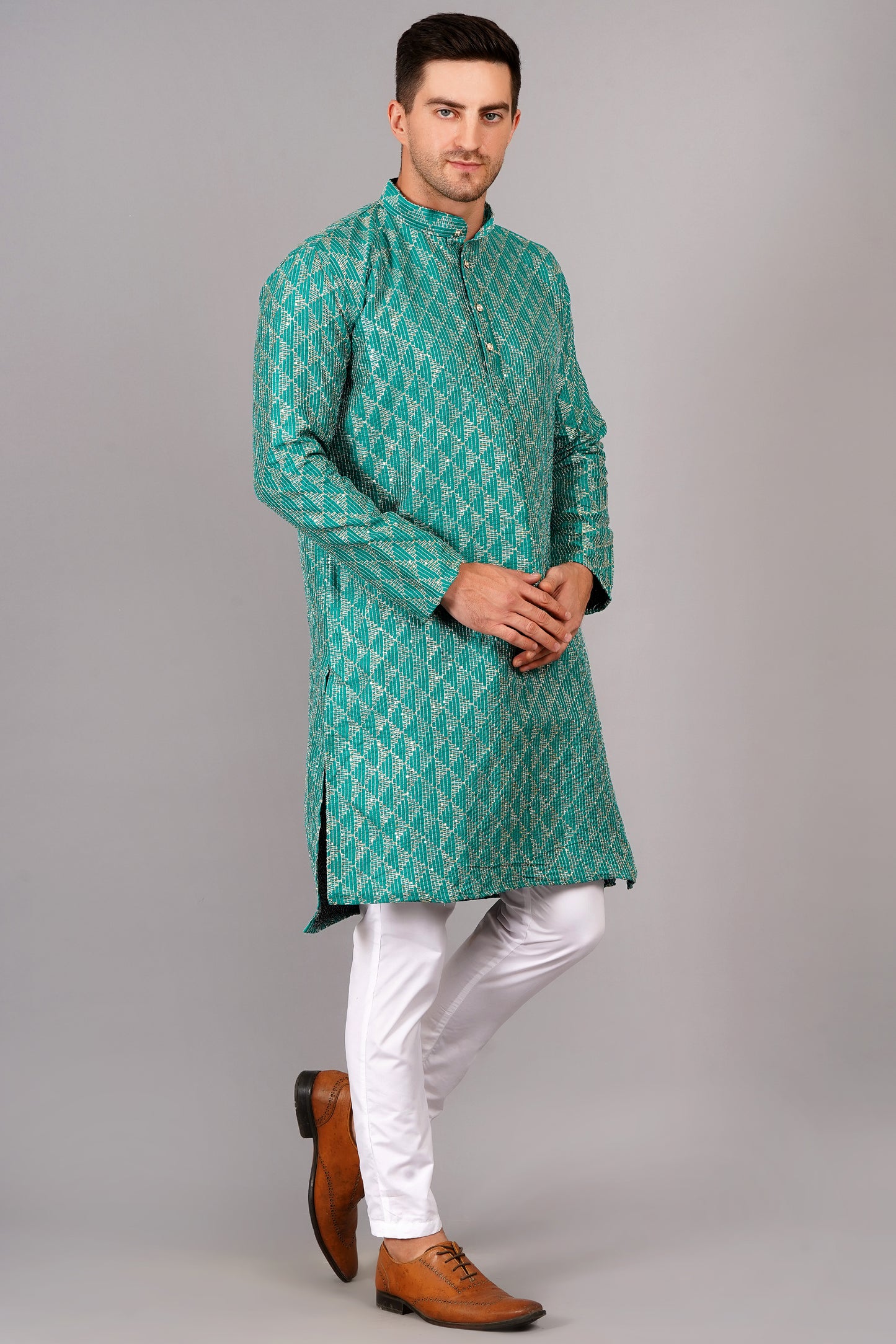 Men light blue or turquoise blue color Kurta with sequin, full length, button closure, one fourth placket, full sleeves, mandarin collar, side pockets, traditional ethnic wear for festivals, family occasions, wedding, house warming, casual wear