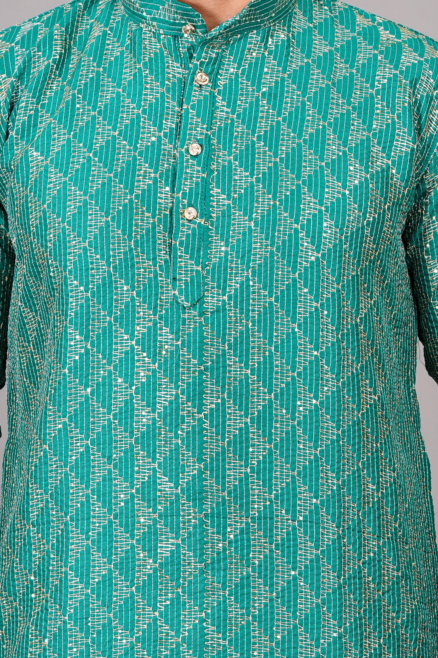 Men light blue or turquoise blue color Kurta with sequin, full length, button closure, one fourth placket, full sleeves, mandarin collar, side pockets, traditional ethnic wear for festivals, family occasions, wedding, house warming, casual wear